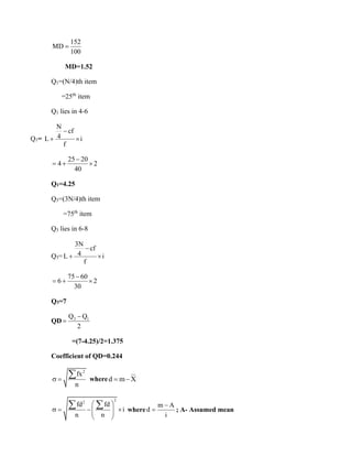 152
MD
100
=
MD=1.52
Q1=(N/4)th item
=25th
item
Q1 lies in 4-6
Q1=
N
cf
4
L i
f
−
+ 
25 20
4 2
40
−
= + 
Q1=4.25
Q3=(3N/4)th item
=75th
item
Q3 lies in 6-8
Q3=
3N
cf
4
L i
f
−
+ 
75 60
6 2
30
−
= + 
Q3=7
QD 3 1
Q Q
2
−
=
=(7-4.25)/2=1.375
Coefficient of QD=0.244
2
fx
n
 =
 whered m X
= −
2
2
fd fd
i
n n
 
 = − 
 
 
 
  where
m A
d
i
−
= ; A- Assumed mean
 