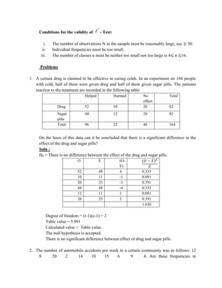 Conditions for the validity of
2
 - Test:
i. The number of observations N in the sample must be reasonably large, say ≥ 50.
ii. Individual frequencies must be too small.
iii. The number of classes n must be neither too small nor too large ie 4≤ n ≤16.
Problems
1. A certain drug is claimed to be effective in curing colds. In an experiment on 164 people
with cold, half of them were given drug and half of them given sugar pills. The patients
reaction to the treatment are recorded in the following table
Helped Harmed No
effect
Total
Drug 52 10 20 82
Sugar
pills
44 12 26 82
Total 96 22 46 164
On the basis of this data can it be concluded that there is a significant difference in the
effect of the drug and sugar pills?
Soln :
H0 = There is no difference between the effect of the drug and sugar pills.
O E (O-
E)
(𝑂 − 𝐸)2
𝐸
52 48 4 0.333
10 11 -1 0.091
20 23 -3 0.391
44 48 -4 0.333
12 11 1 0.091
26 23 3 0.391
1.630
Degree of freedom = (r-1)(c-1) = 2
Table value = 5.991
Calculated value < Table value.
The null hypothesis is accepted.
There is no significant difference between effect of drug and sugar pills.
2. The number of automobile accidents per week in a certain community was as follows: 12
8 20 2 14 10 15 6 9 4. Are these frequencies in
 