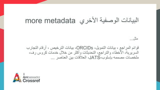 ‫األخري‬ ‫الوصفية‬ ‫البيانات‬metadatamore
‫مثل‬...
،‫التمويل‬ ‫بيانات‬ ، ‫المراجع‬ ‫قوائم‬ORCIDs‫التجارب‬ ‫أرقام‬ ، ‫الترخيص‬ ‫بيانات‬ ،
‫رف‬ ‫كروس‬ ‫خدمات‬ ‫خالل‬ ‫من‬ ‫وأكثر‬ ‫التحديثات‬ ،‫والتراجع‬ ‫األخطاء‬ ،‫السريرية‬،
‫بإسلوب‬ ‫مصممه‬ ‫ملخصات‬JATS-‫العناصر‬ ‫بين‬ ‫العالقات‬ ،...
 