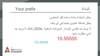 Your prefix ‫البادئة‬
‫المحتوي‬ ‫لكل‬ ‫واحدة‬ ‫بادئة‬ ‫استخدام‬ ‫يمكن‬
‫وقت‬ ‫أي‬ ‫في‬ ‫جديدة‬ ‫عناوين‬ ‫إضافة‬ ‫يمكن‬
‫الرقمية‬ ‫المعرفات‬ ‫إلصدار‬ ‫أقصي‬ ‫حد‬ ‫يوجد‬ ‫ال‬DOIs‫حد‬ ‫يوجد‬ ‫ال‬ ‫وكذلك‬
‫منها‬ ‫مطلوب‬ ‫أدني‬
10.4444
10.55555
 