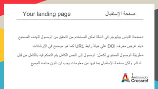 Your landing page ‫اإلستقبال‬ ‫صفحة‬
•‫لل‬ ‫الوصول‬ ‫من‬ ‫التحقق‬ ‫من‬ ‫المستخدم‬ ‫تمكن‬ ‫كاملة‬ ‫بيبليوجرافي‬ ‫اقتباس‬ ‫صفحة‬‫الصحيح‬ ‫هدف‬
•‫معرف‬ ‫عرض‬ ‫يتم‬DOI‫رابط‬ ‫هيئة‬ ‫علي‬URL‫اإلرشادات‬ ‫في‬ ‫موضح‬ ‫هو‬ ‫كما‬
•‫لكامل‬ ‫للمحتوي‬ ‫الوصول‬ ‫طريقة‬:‫بال‬ ‫فيه‬ ‫التحكم‬ ‫يتم‬ ‫الكامل‬ ‫النص‬ ‫إلى‬ ‫الوصول‬‫قبل‬ ‫من‬ ‫كامل‬
‫للجمي‬ ‫متاحه‬ ‫تكون‬ ‫ان‬ ‫يجب‬ ‫معلومات‬ ‫من‬ ‫فيها‬ ‫بما‬ ‫اإلستقبال‬ ‫صفحة‬ ‫ولكن‬ ‫الناشر‬‫ع‬
 