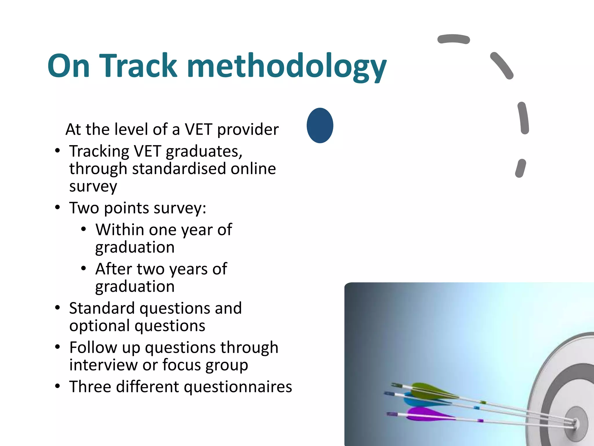 On Track methodology
At the level of a VET provider
• Tracking VET graduates,
through standardised online
survey
• Two points survey:
• Within one year of
graduation
• After two years of
graduation
• Standard questions and
optional questions
• Follow up questions through
interview or focus group
• Three different questionnaires
 