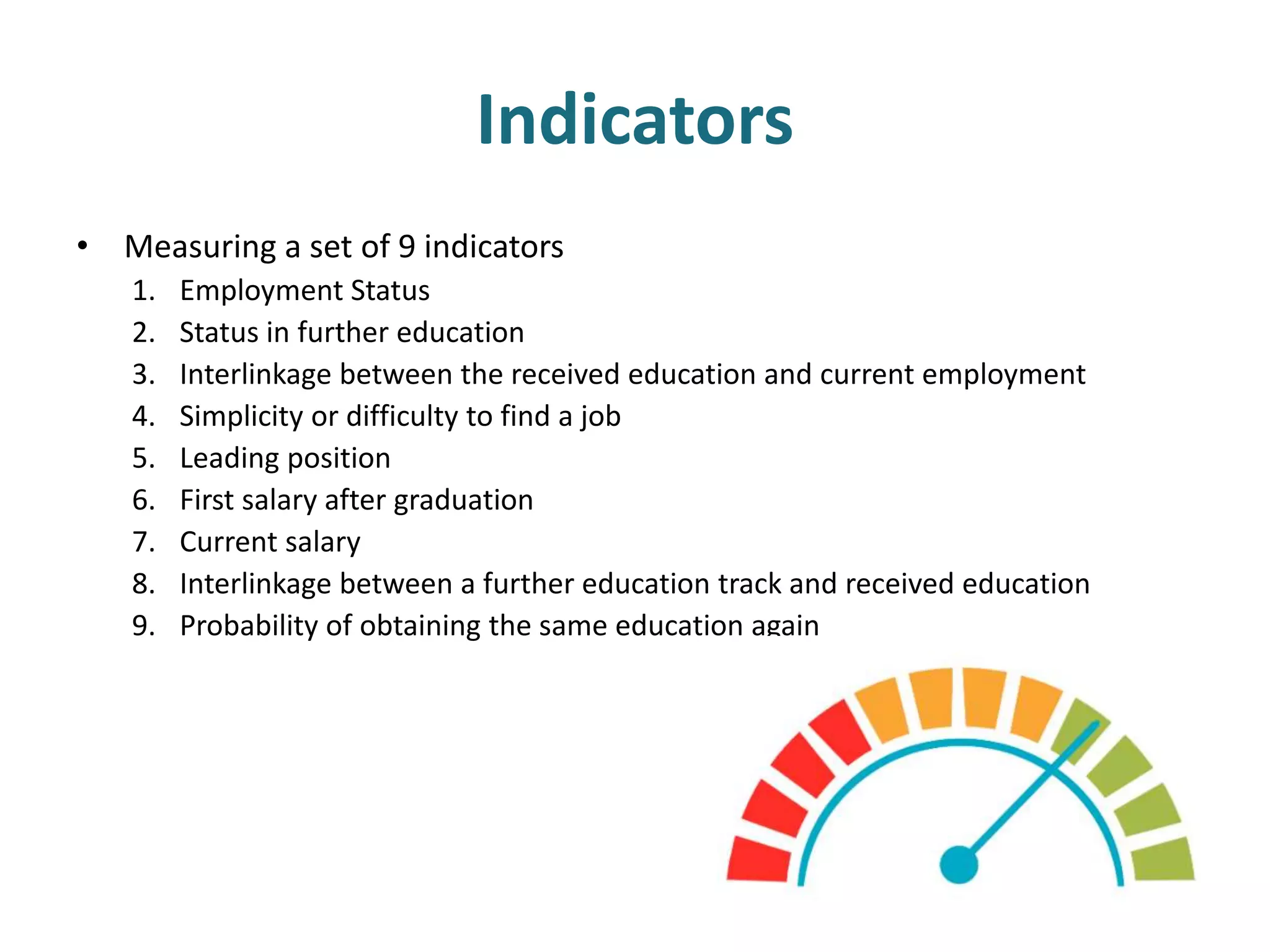 Indicators
• Measuring a set of 9 indicators
1. Employment Status
2. Status in further education
3. Interlinkage between the received education and current employment
4. Simplicity or difficulty to find a job
5. Leading position
6. First salary after graduation
7. Current salary
8. Interlinkage between a further education track and received education
9. Probability of obtaining the same education again
 