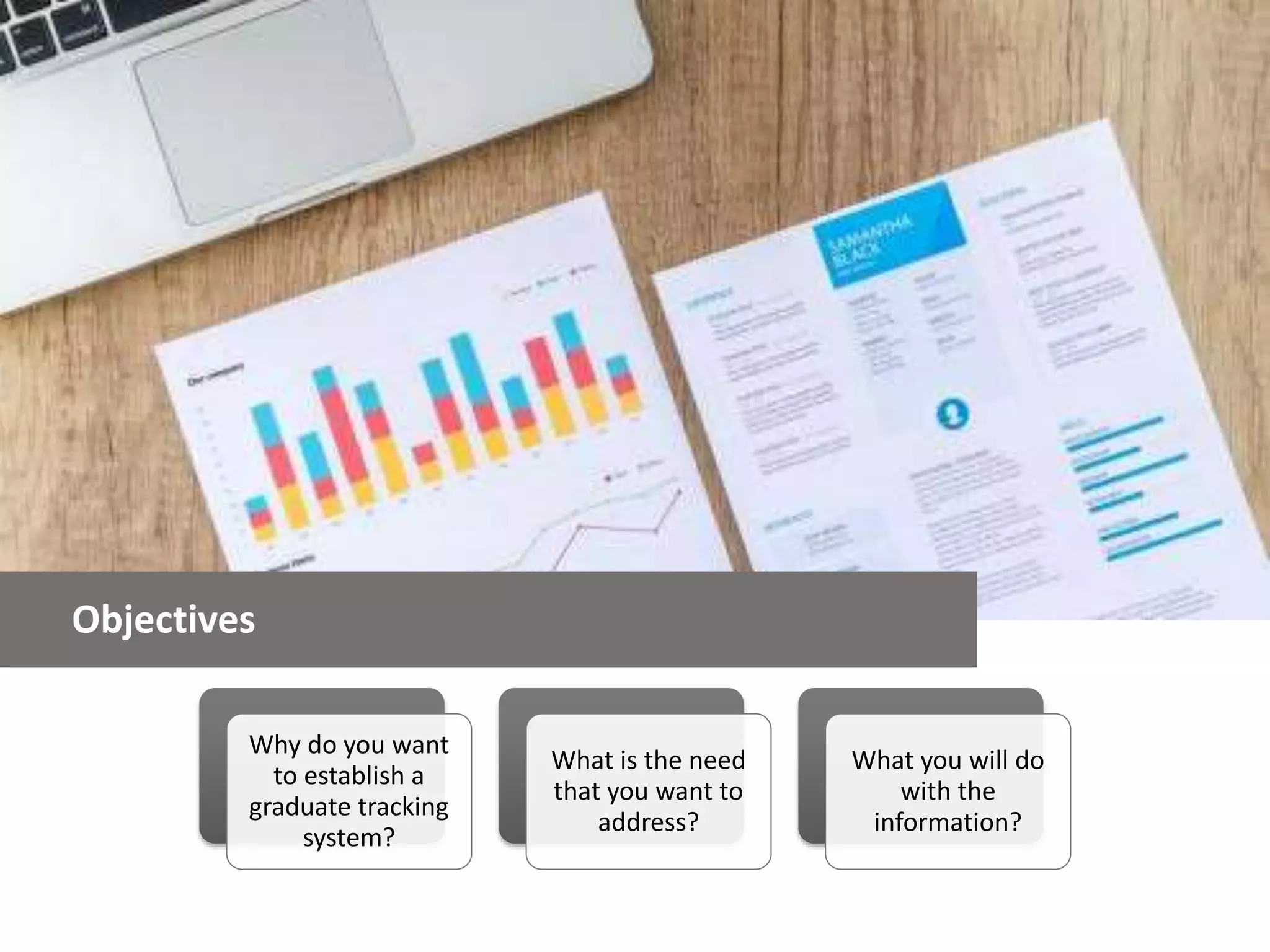 Objectives
Why do you want
to establish a
graduate tracking
system?
What is the need
that you want to
address?
What you will do
with the
information?
 