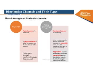 Distribution Channels and Their Types
There is two types of distribution channels:
Physical aspects of a
distribution
All physical methods to
deliver the product from
the manufacturer to the
customer
Products are
physically
transferred through
these channels
Physical DC
Nonphysical aspects
of distributing
When a product transfers
through distribution
channels, the ownership
of the product is
transferred along with its
physical movement
negotiation and the
exchange of product’s
ownership are the
distribution aspects
that the trading or
transaction channel
Trading
(Marketing)
DC
Dr. Mehdi Safaei
 