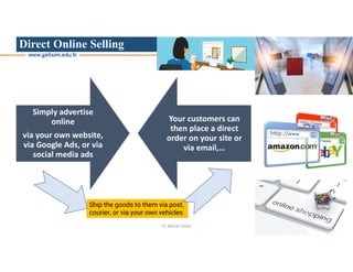 Direct Online Selling
Simply advertise
online
via your own website,
via Google Ads, or via
social media ads
Your customers can
then place a direct
order on your site or
via email,…
Ship the goods to them via post,
courier, or via your own vehicles
Dr. Mehdi Safaei
 
