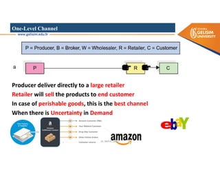 One-Level Channel
Producer deliver directly to a large retailer
Retailer will sell the products to end customer
In case of perishable goods, this is the best channel
When there is Uncertainty in Demand
Dr. Mehdi Safaei
 
