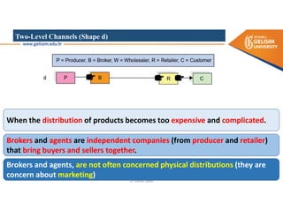 Two-Level Channels (Shape d)
When the distribution of products becomes too expensive and complicated.
Brokers and agents are independent companies (from producer and retailer)
that bring buyers and sellers together.
Brokers and agents, are not often concerned physical distributions (they are
concern about marketing)
Dr. Mehdi Safaei
 