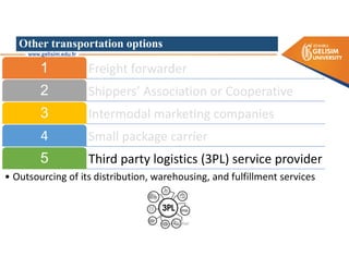 Other transportation options
Freight forwarder
1
Shippers’ Association or Cooperative
2
Intermodal marketing companies
3
Small package carrier
4
Third party logistics (3PL) service provider
5
• Outsourcing of its distribution, warehousing, and fulfillment services
Dr. Mehdi Safaei
 