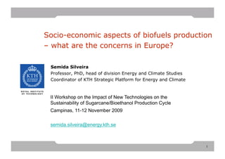 Socio-economic aspects of biofuels production
– what are the concerns in Europe?

 Semida Silveira
 Professor, PhD, head of division Energy and Climate Studies
 Coordinator of KTH Strategic Platform for Energy and Climate



 II Workshop on the Impact of New Technologies on the
 Sustainability of Sugarcane/Bioethanol Production Cycle
 Campinas, 11-12 November 2009

 semida.silveira@energy.kth.se



                                                                
                                                                1
 