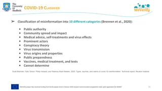 COVID-19 CLASSIFIER
➢ Classification of misinformation into 10 different categories (Brennen et al., 2020):
• Public authority
• Community spread and impact
• Medical advice, self-treatments and virus effects
• Prominent actors
• Conspiracy theory
• Virus transmission
• Virus origins and properties
• Public preparedness
• Vaccines, medical treatment, and tests
• Cannot determine
Scott Brennen, Felix Simon, Philip Howard, and Rasmus Kleis Nielsen. 2020. Types, sources, and claims of covid-19 misinformation. Technical report, Reuters Institute
25
 