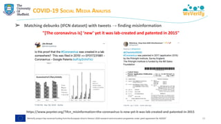 COVID-19 SOCIAL MEDIA ANALYSIS
➢ Matching debunks (IFCN dataset) with tweets → finding misinformation
"[The coronavirus is] ‘new’ yet it was lab-created and patented in 2015"
https://www.poynter.org/?ifcn_misinformation=the-coronavirus-is-new-yet-it-was-lab-created-and-patented-in-2015
33
 