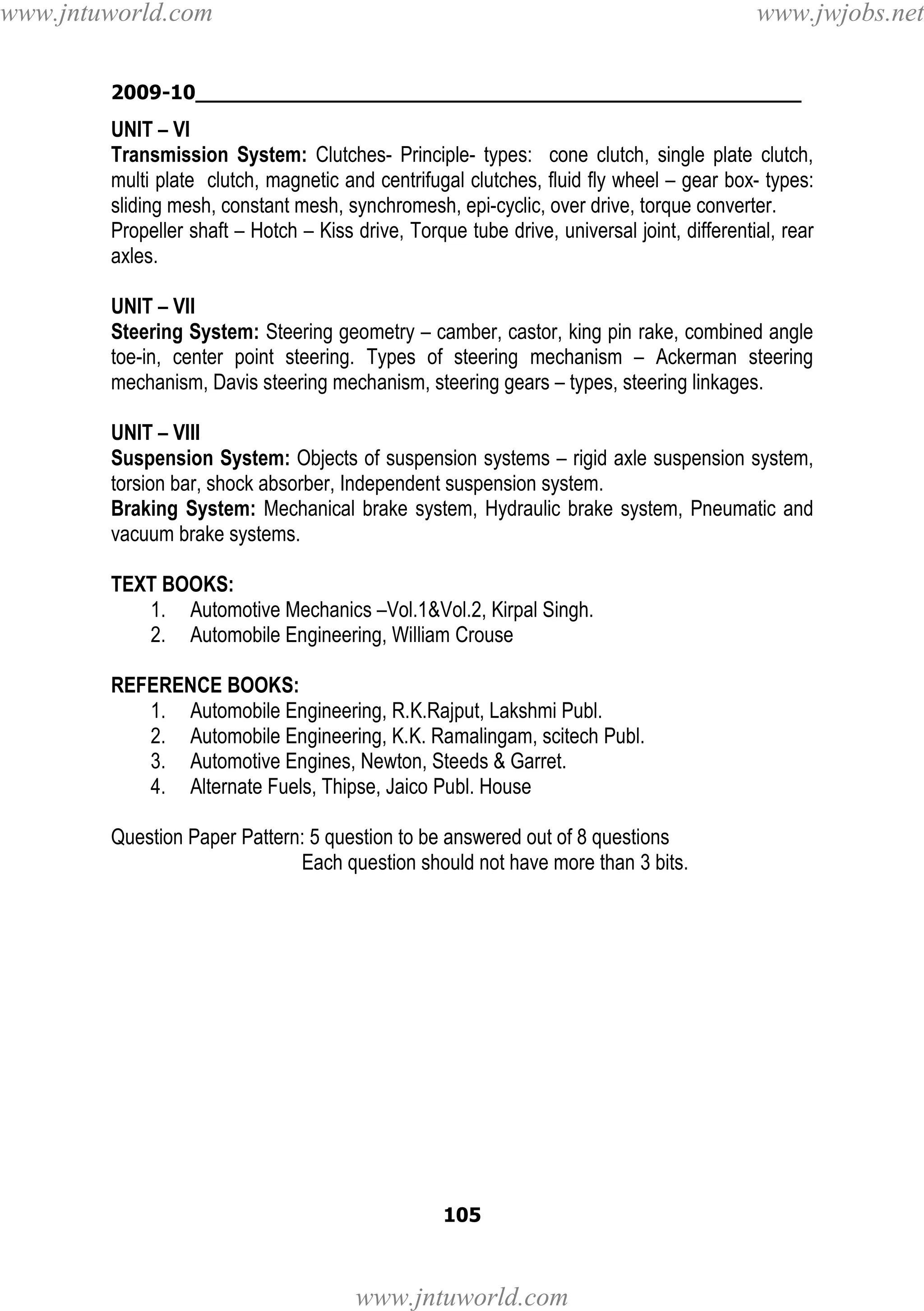 www.jntuworld.com

www.jwjobs.net

2009-10________________________________________________

UNIT – VI
Transmission System: Clutches- Principle- types: cone clutch, single plate clutch,
multi plate clutch, magnetic and centrifugal clutches, fluid fly wheel – gear box- types:
sliding mesh, constant mesh, synchromesh, epi-cyclic, over drive, torque converter.
Propeller shaft – Hotch – Kiss drive, Torque tube drive, universal joint, differential, rear
axles.
UNIT – VII
Steering System: Steering geometry – camber, castor, king pin rake, combined angle
toe-in, center point steering. Types of steering mechanism – Ackerman steering
mechanism, Davis steering mechanism, steering gears – types, steering linkages.
UNIT – VIII
Suspension System: Objects of suspension systems – rigid axle suspension system,
torsion bar, shock absorber, Independent suspension system.
Braking System: Mechanical brake system, Hydraulic brake system, Pneumatic and
vacuum brake systems.
TEXT BOOKS:
1. Automotive Mechanics –Vol.1&Vol.2, Kirpal Singh.
2. Automobile Engineering, William Crouse
REFERENCE BOOKS:
1. Automobile Engineering, R.K.Rajput, Lakshmi Publ.
2. Automobile Engineering, K.K. Ramalingam, scitech Publ.
3. Automotive Engines, Newton, Steeds & Garret.
4. Alternate Fuels, Thipse, Jaico Publ. House
Question Paper Pattern: 5 question to be answered out of 8 questions
Each question should not have more than 3 bits.

105

www.jntuworld.com

 