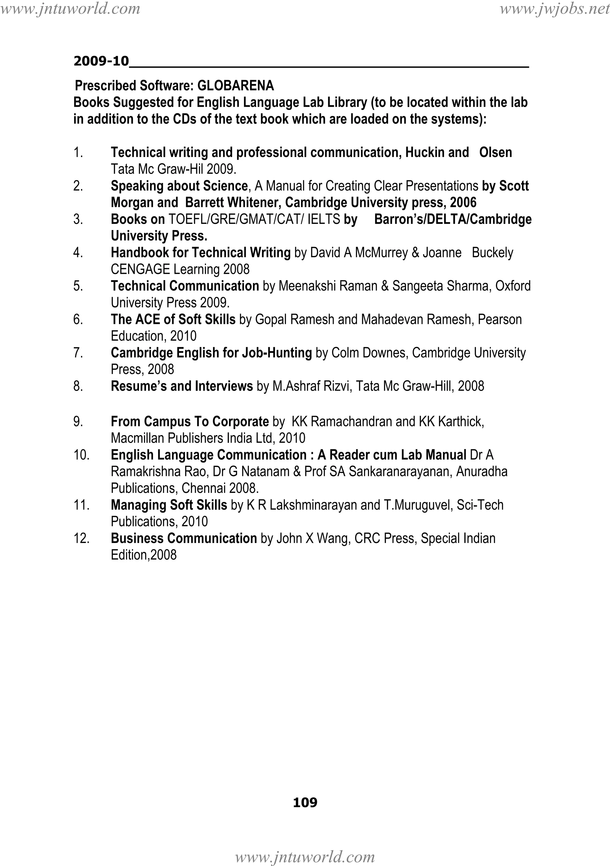 www.jntuworld.com

www.jwjobs.net

2009-10________________________________________________

Prescribed Software: GLOBARENA
Books Suggested for English Language Lab Library (to be located within the lab
in addition to the CDs of the text book which are loaded on the systems):
1.
2.
3.
4.
5.
6.
7.
8.
9.
10.

11.
12.

Technical writing and professional communication, Huckin and Olsen
Tata Mc Graw-Hil 2009.
Speaking about Science, A Manual for Creating Clear Presentations by Scott
Morgan and Barrett Whitener, Cambridge University press, 2006
Books on TOEFL/GRE/GMAT/CAT/ IELTS by Barron’s/DELTA/Cambridge
University Press.
Handbook for Technical Writing by David A McMurrey & Joanne Buckely
CENGAGE Learning 2008
Technical Communication by Meenakshi Raman & Sangeeta Sharma, Oxford
University Press 2009.
The ACE of Soft Skills by Gopal Ramesh and Mahadevan Ramesh, Pearson
Education, 2010
Cambridge English for Job-Hunting by Colm Downes, Cambridge University
Press, 2008
Resume’s and Interviews by M.Ashraf Rizvi, Tata Mc Graw-Hill, 2008
From Campus To Corporate by KK Ramachandran and KK Karthick,
Macmillan Publishers India Ltd, 2010
English Language Communication : A Reader cum Lab Manual Dr A
Ramakrishna Rao, Dr G Natanam & Prof SA Sankaranarayanan, Anuradha
Publications, Chennai 2008.
Managing Soft Skills by K R Lakshminarayan and T.Muruguvel, Sci-Tech
Publications, 2010
Business Communication by John X Wang, CRC Press, Special Indian
Edition,2008

109

www.jntuworld.com

 