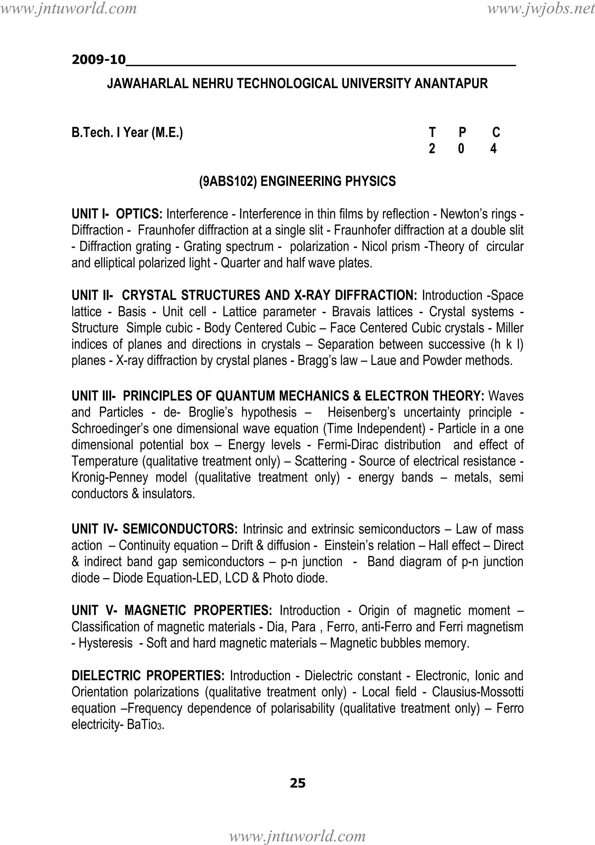 www.jntuworld.com

www.jwjobs.net

2009-10________________________________________________

JAWAHARLAL NEHRU TECHNOLOGICAL UNIVERSITY ANANTAPUR

B.Tech. I Year (M.E.)

T
2

P
0

C
4

(9ABS102) ENGINEERING PHYSICS
UNIT I- OPTICS: Interference - Interference in thin films by reflection - Newton’s rings Diffraction - Fraunhofer diffraction at a single slit - Fraunhofer diffraction at a double slit
- Diffraction grating - Grating spectrum - polarization - Nicol prism -Theory of circular
and elliptical polarized light - Quarter and half wave plates.
UNIT II- CRYSTAL STRUCTURES AND X-RAY DIFFRACTION: Introduction -Space
lattice - Basis - Unit cell - Lattice parameter - Bravais lattices - Crystal systems Structure Simple cubic - Body Centered Cubic – Face Centered Cubic crystals - Miller
indices of planes and directions in crystals – Separation between successive (h k l)
planes - X-ray diffraction by crystal planes - Bragg’s law – Laue and Powder methods.
UNIT III- PRINCIPLES OF QUANTUM MECHANICS & ELECTRON THEORY: Waves
and Particles - de- Broglie’s hypothesis – Heisenberg’s uncertainty principle Schroedinger’s one dimensional wave equation (Time Independent) - Particle in a one
dimensional potential box – Energy levels - Fermi-Dirac distribution and effect of
Temperature (qualitative treatment only) – Scattering - Source of electrical resistance Kronig-Penney model (qualitative treatment only) - energy bands – metals, semi
conductors & insulators.
UNIT IV- SEMICONDUCTORS: Intrinsic and extrinsic semiconductors – Law of mass
action – Continuity equation – Drift & diffusion - Einstein’s relation – Hall effect – Direct
& indirect band gap semiconductors – p-n junction - Band diagram of p-n junction
diode – Diode Equation-LED, LCD & Photo diode.
UNIT V- MAGNETIC PROPERTIES: Introduction - Origin of magnetic moment –
Classification of magnetic materials - Dia, Para , Ferro, anti-Ferro and Ferri magnetism
- Hysteresis - Soft and hard magnetic materials – Magnetic bubbles memory.
DIELECTRIC PROPERTIES: Introduction - Dielectric constant - Electronic, Ionic and
Orientation polarizations (qualitative treatment only) - Local field - Clausius-Mossotti
equation –Frequency dependence of polarisability (qualitative treatment only) – Ferro
electricity- BaTio3.

25

www.jntuworld.com

 