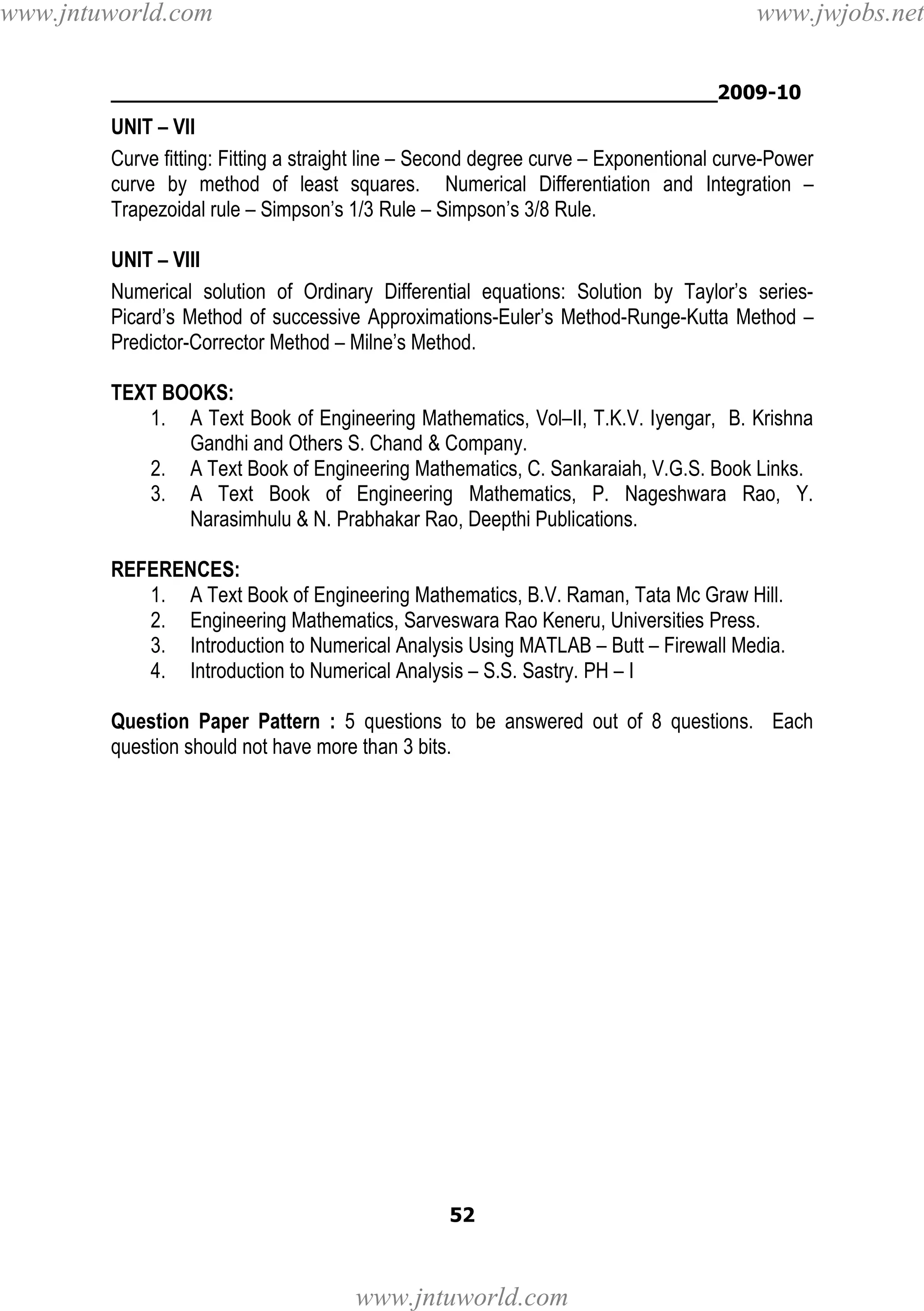 www.jntuworld.com

www.jwjobs.net

________________________________________________2009-10

UNIT – VII
Curve fitting: Fitting a straight line – Second degree curve – Exponentional curve-Power
curve by method of least squares. Numerical Differentiation and Integration –
Trapezoidal rule – Simpson’s 1/3 Rule – Simpson’s 3/8 Rule.
UNIT – VIII
Numerical solution of Ordinary Differential equations: Solution by Taylor’s seriesPicard’s Method of successive Approximations-Euler’s Method-Runge-Kutta Method –
Predictor-Corrector Method – Milne’s Method.
TEXT BOOKS:
1. A Text Book of Engineering Mathematics, Vol–II, T.K.V. Iyengar, B. Krishna
Gandhi and Others S. Chand & Company.
2. A Text Book of Engineering Mathematics, C. Sankaraiah, V.G.S. Book Links.
3. A Text Book of Engineering Mathematics, P. Nageshwara Rao, Y.
Narasimhulu & N. Prabhakar Rao, Deepthi Publications.
REFERENCES:
1. A Text Book of Engineering Mathematics, B.V. Raman, Tata Mc Graw Hill.
2. Engineering Mathematics, Sarveswara Rao Keneru, Universities Press.
3. Introduction to Numerical Analysis Using MATLAB – Butt – Firewall Media.
4. Introduction to Numerical Analysis – S.S. Sastry. PH – I
Question Paper Pattern : 5 questions to be answered out of 8 questions. Each
question should not have more than 3 bits.

52

www.jntuworld.com

 