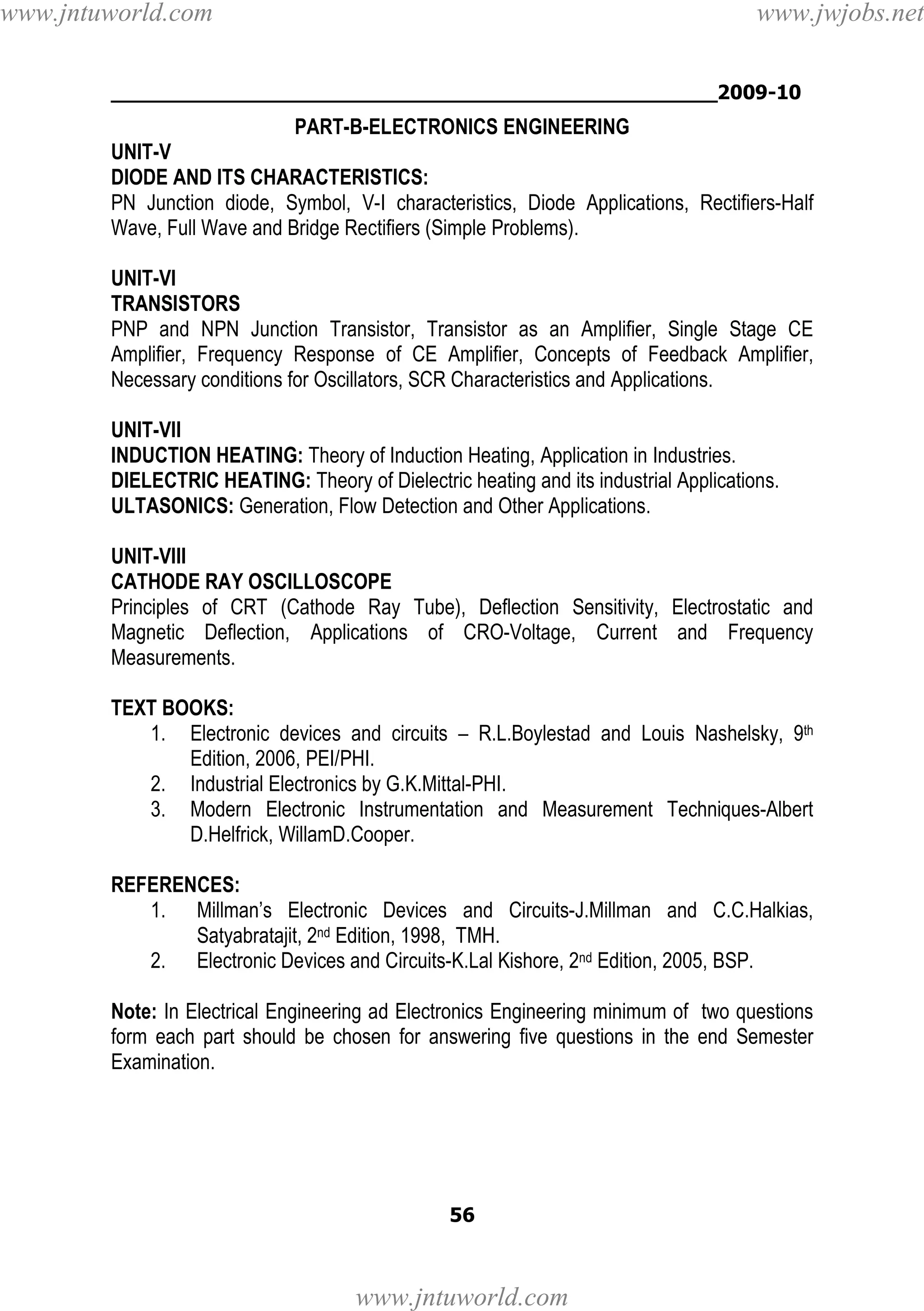 www.jntuworld.com

www.jwjobs.net

________________________________________________2009-10

PART-B-ELECTRONICS ENGINEERING
UNIT-V
DIODE AND ITS CHARACTERISTICS:
PN Junction diode, Symbol, V-I characteristics, Diode Applications, Rectifiers-Half
Wave, Full Wave and Bridge Rectifiers (Simple Problems).
UNIT-VI
TRANSISTORS
PNP and NPN Junction Transistor, Transistor as an Amplifier, Single Stage CE
Amplifier, Frequency Response of CE Amplifier, Concepts of Feedback Amplifier,
Necessary conditions for Oscillators, SCR Characteristics and Applications.
UNIT-VII
INDUCTION HEATING: Theory of Induction Heating, Application in Industries.
DIELECTRIC HEATING: Theory of Dielectric heating and its industrial Applications.
ULTASONICS: Generation, Flow Detection and Other Applications.
UNIT-VIII
CATHODE RAY OSCILLOSCOPE
Principles of CRT (Cathode Ray Tube), Deflection Sensitivity, Electrostatic and
Magnetic Deflection, Applications of CRO-Voltage, Current and Frequency
Measurements.
TEXT BOOKS:
1. Electronic devices and circuits – R.L.Boylestad and Louis Nashelsky, 9th
Edition, 2006, PEI/PHI.
2. Industrial Electronics by G.K.Mittal-PHI.
3. Modern Electronic Instrumentation and Measurement Techniques-Albert
D.Helfrick, WillamD.Cooper.
REFERENCES:
1. Millman’s Electronic Devices and Circuits-J.Millman and C.C.Halkias,
Satyabratajit, 2nd Edition, 1998, TMH.
2. Electronic Devices and Circuits-K.Lal Kishore, 2nd Edition, 2005, BSP.
Note: In Electrical Engineering ad Electronics Engineering minimum of two questions
form each part should be chosen for answering five questions in the end Semester
Examination.

56

www.jntuworld.com

 