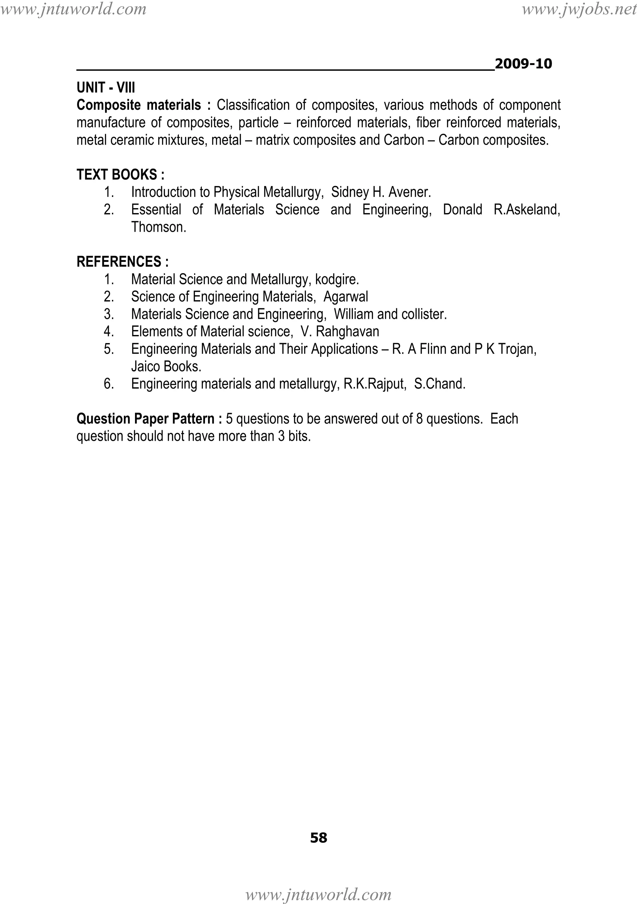 www.jntuworld.com

www.jwjobs.net

________________________________________________2009-10

UNIT - VIII
Composite materials : Classification of composites, various methods of component
manufacture of composites, particle – reinforced materials, fiber reinforced materials,
metal ceramic mixtures, metal – matrix composites and Carbon – Carbon composites.
TEXT BOOKS :
1. Introduction to Physical Metallurgy, Sidney H. Avener.
2. Essential of Materials Science and Engineering, Donald R.Askeland,
Thomson.
REFERENCES :
1. Material Science and Metallurgy, kodgire.
2. Science of Engineering Materials, Agarwal
3. Materials Science and Engineering, William and collister.
4. Elements of Material science, V. Rahghavan
5. Engineering Materials and Their Applications – R. A Flinn and P K Trojan,
Jaico Books.
6. Engineering materials and metallurgy, R.K.Rajput, S.Chand.
Question Paper Pattern : 5 questions to be answered out of 8 questions. Each
question should not have more than 3 bits.

58

www.jntuworld.com

 