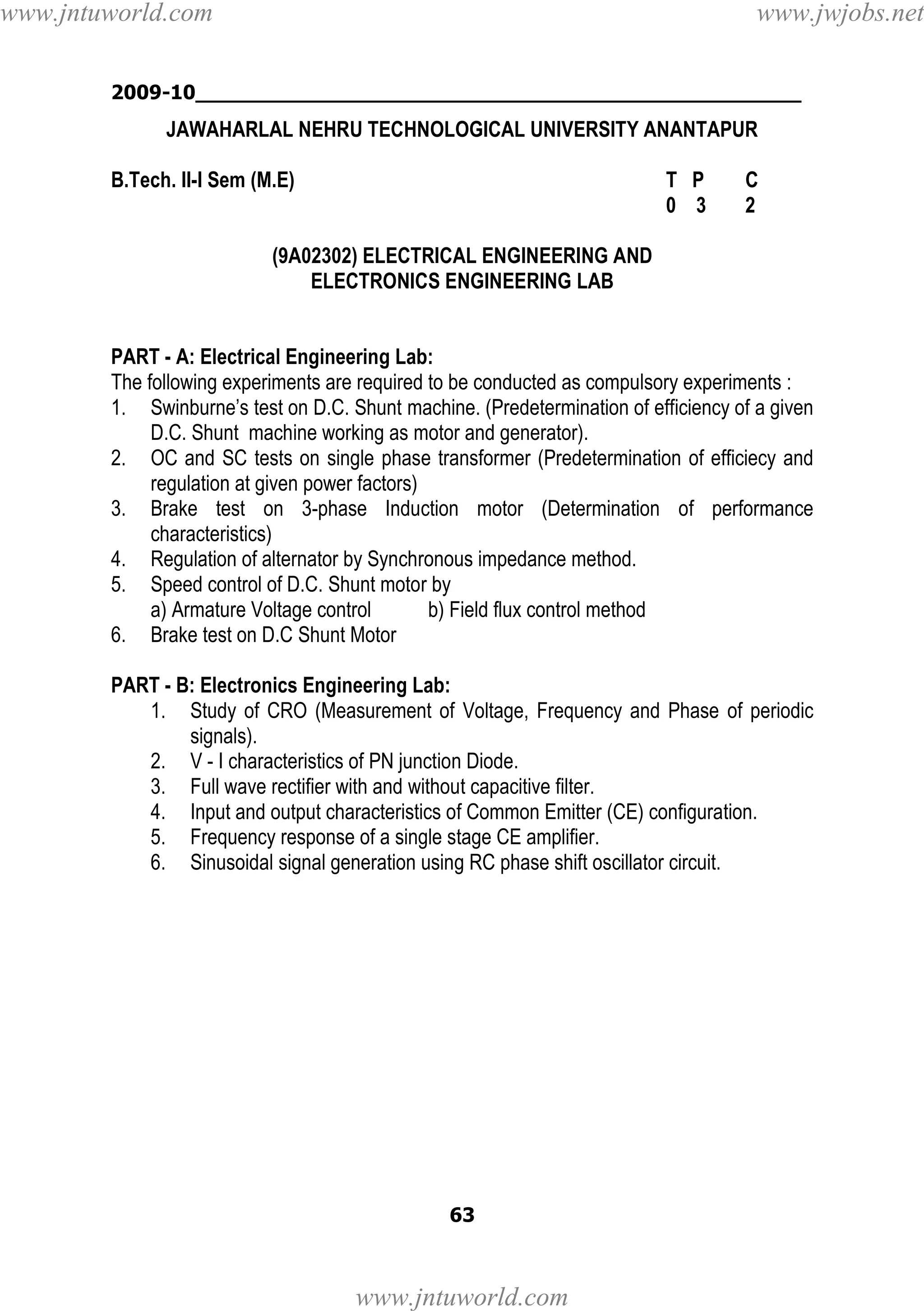 www.jntuworld.com

www.jwjobs.net

2009-10________________________________________________

JAWAHARLAL NEHRU TECHNOLOGICAL UNIVERSITY ANANTAPUR
B.Tech. II-I Sem (M.E)

T P
0 3

C
2

(9A02302) ELECTRICAL ENGINEERING AND
ELECTRONICS ENGINEERING LAB

PART - A: Electrical Engineering Lab:
The following experiments are required to be conducted as compulsory experiments :
1. Swinburne’s test on D.C. Shunt machine. (Predetermination of efficiency of a given
D.C. Shunt machine working as motor and generator).
2. OC and SC tests on single phase transformer (Predetermination of efficiecy and
regulation at given power factors)
3. Brake test on 3-phase Induction motor (Determination of performance
characteristics)
4. Regulation of alternator by Synchronous impedance method.
5. Speed control of D.C. Shunt motor by
a) Armature Voltage control
b) Field flux control method
6. Brake test on D.C Shunt Motor
PART - B: Electronics Engineering Lab:
1. Study of CRO (Measurement of Voltage, Frequency and Phase of periodic
signals).
2. V - I characteristics of PN junction Diode.
3. Full wave rectifier with and without capacitive filter.
4. Input and output characteristics of Common Emitter (CE) configuration.
5. Frequency response of a single stage CE amplifier.
6. Sinusoidal signal generation using RC phase shift oscillator circuit.

63

www.jntuworld.com

 