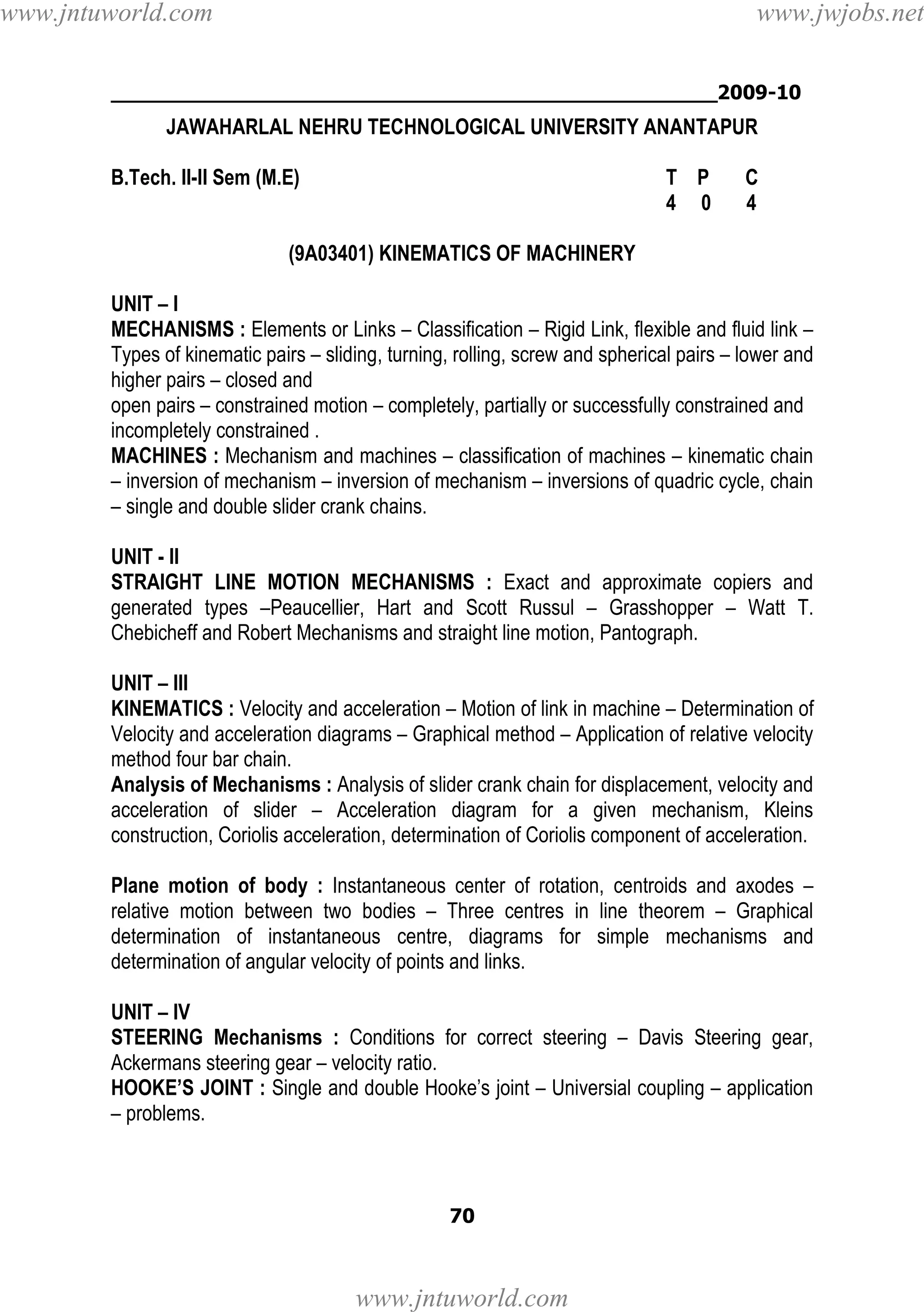 www.jntuworld.com

www.jwjobs.net

________________________________________________2009-10

JAWAHARLAL NEHRU TECHNOLOGICAL UNIVERSITY ANANTAPUR
B.Tech. II-II Sem (M.E)

T P
4 0

C
4

(9A03401) KINEMATICS OF MACHINERY
UNIT – I
MECHANISMS : Elements or Links – Classification – Rigid Link, flexible and fluid link –
Types of kinematic pairs – sliding, turning, rolling, screw and spherical pairs – lower and
higher pairs – closed and
open pairs – constrained motion – completely, partially or successfully constrained and
incompletely constrained .
MACHINES : Mechanism and machines – classification of machines – kinematic chain
– inversion of mechanism – inversion of mechanism – inversions of quadric cycle, chain
– single and double slider crank chains.
UNIT - II
STRAIGHT LINE MOTION MECHANISMS : Exact and approximate copiers and
generated types –Peaucellier, Hart and Scott Russul – Grasshopper – Watt T.
Chebicheff and Robert Mechanisms and straight line motion, Pantograph.
UNIT – III
KINEMATICS : Velocity and acceleration – Motion of link in machine – Determination of
Velocity and acceleration diagrams – Graphical method – Application of relative velocity
method four bar chain.
Analysis of Mechanisms : Analysis of slider crank chain for displacement, velocity and
acceleration of slider – Acceleration diagram for a given mechanism, Kleins
construction, Coriolis acceleration, determination of Coriolis component of acceleration.
Plane motion of body : Instantaneous center of rotation, centroids and axodes –
relative motion between two bodies – Three centres in line theorem – Graphical
determination of instantaneous centre, diagrams for simple mechanisms and
determination of angular velocity of points and links.
UNIT – IV
STEERING Mechanisms : Conditions for correct steering – Davis Steering gear,
Ackermans steering gear – velocity ratio.
HOOKE’S JOINT : Single and double Hooke’s joint – Universial coupling – application
– problems.

70

www.jntuworld.com

 