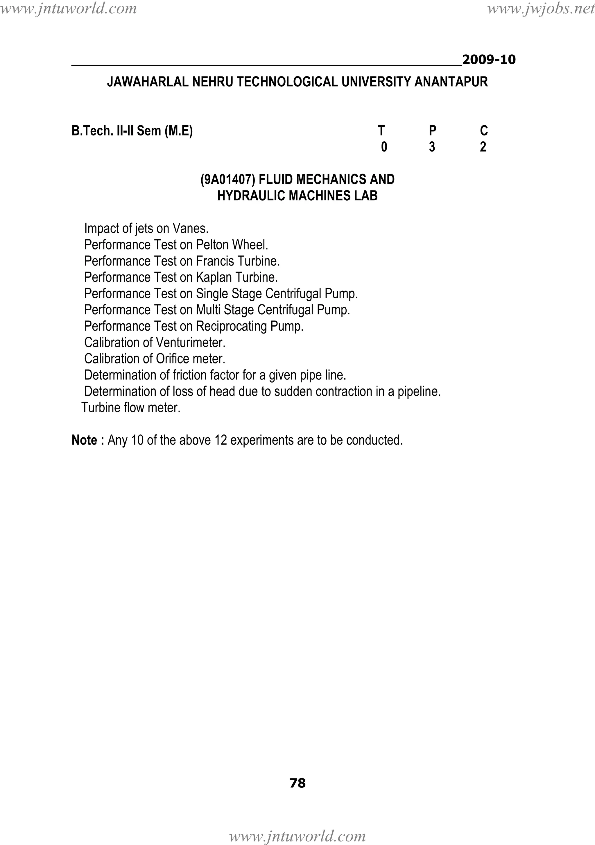 www.jntuworld.com

www.jwjobs.net

________________________________________________2009-10

JAWAHARLAL NEHRU TECHNOLOGICAL UNIVERSITY ANANTAPUR

B.Tech. II-II Sem (M.E)

T
0

P
3

(9A01407) FLUID MECHANICS AND
HYDRAULIC MACHINES LAB
Impact of jets on Vanes.
Performance Test on Pelton Wheel.
Performance Test on Francis Turbine.
Performance Test on Kaplan Turbine.
Performance Test on Single Stage Centrifugal Pump.
Performance Test on Multi Stage Centrifugal Pump.
Performance Test on Reciprocating Pump.
Calibration of Venturimeter.
Calibration of Orifice meter.
Determination of friction factor for a given pipe line.
Determination of loss of head due to sudden contraction in a pipeline.
Turbine flow meter.
Note : Any 10 of the above 12 experiments are to be conducted.

78

www.jntuworld.com

C
2

 