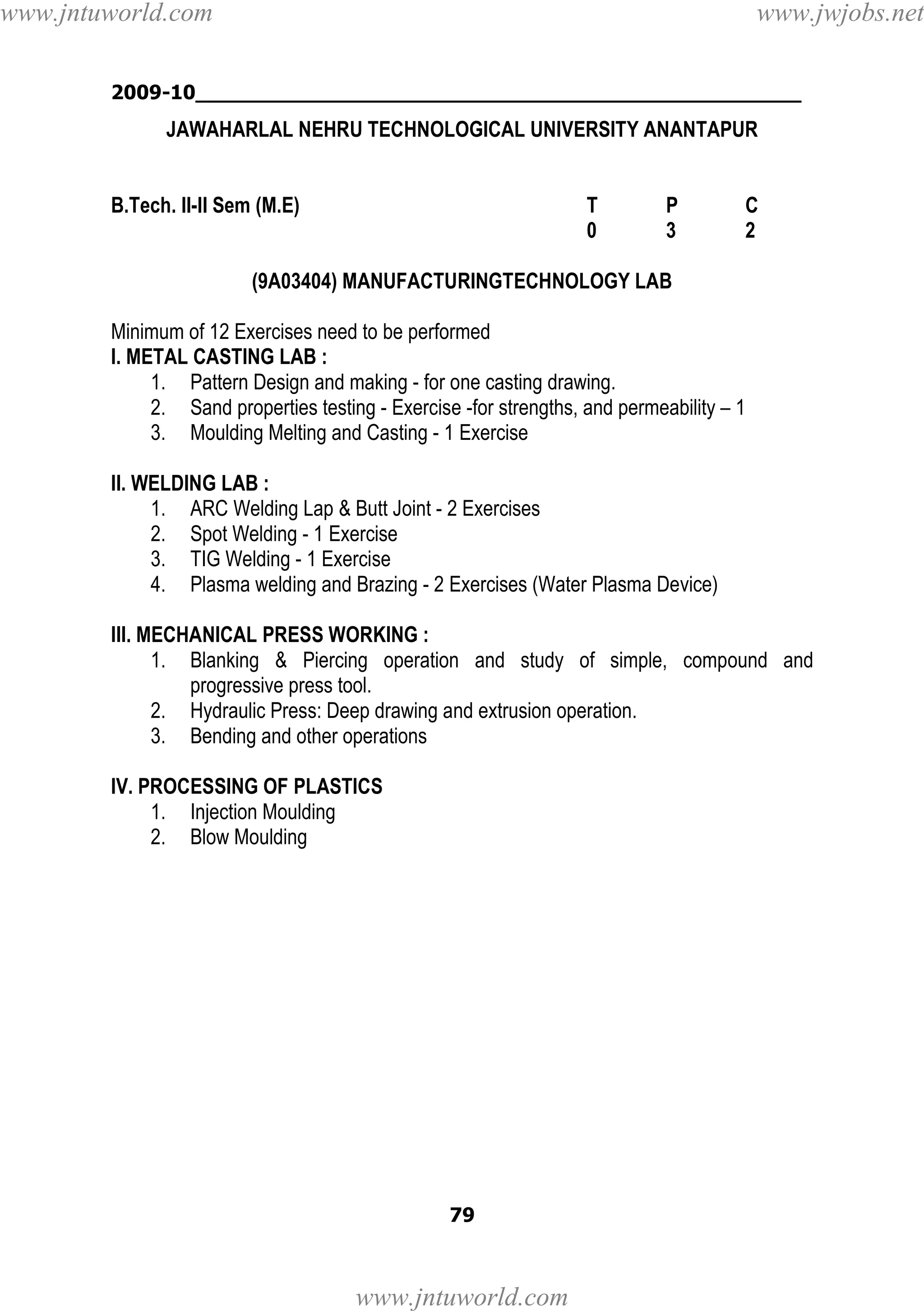 www.jntuworld.com

www.jwjobs.net

2009-10________________________________________________

JAWAHARLAL NEHRU TECHNOLOGICAL UNIVERSITY ANANTAPUR

B.Tech. II-II Sem (M.E)

T
0

P
3

C
2

(9A03404) MANUFACTURINGTECHNOLOGY LAB
Minimum of 12 Exercises need to be performed
I. METAL CASTING LAB :
1. Pattern Design and making - for one casting drawing.
2. Sand properties testing - Exercise -for strengths, and permeability – 1
3. Moulding Melting and Casting - 1 Exercise
II. WELDING LAB :
1. ARC Welding Lap & Butt Joint - 2 Exercises
2. Spot Welding - 1 Exercise
3. TIG Welding - 1 Exercise
4. Plasma welding and Brazing - 2 Exercises (Water Plasma Device)
III. MECHANICAL PRESS WORKING :
1. Blanking & Piercing operation and study of simple, compound and
progressive press tool.
2. Hydraulic Press: Deep drawing and extrusion operation.
3. Bending and other operations
IV. PROCESSING OF PLASTICS
1. Injection Moulding
2. Blow Moulding

79

www.jntuworld.com

 