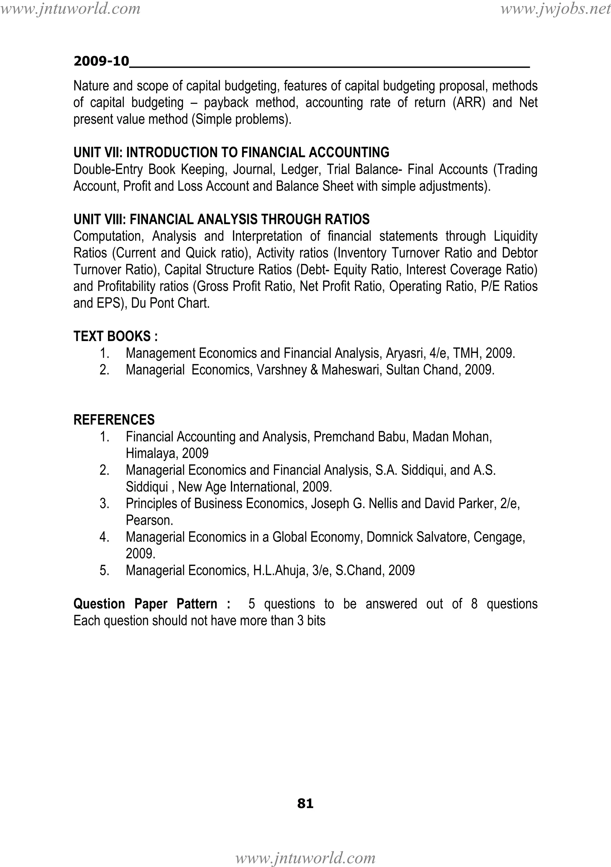 www.jntuworld.com

www.jwjobs.net

2009-10________________________________________________

Nature and scope of capital budgeting, features of capital budgeting proposal, methods
of capital budgeting – payback method, accounting rate of return (ARR) and Net
present value method (Simple problems).
UNIT VII: INTRODUCTION TO FINANCIAL ACCOUNTING
Double-Entry Book Keeping, Journal, Ledger, Trial Balance- Final Accounts (Trading
Account, Profit and Loss Account and Balance Sheet with simple adjustments).
UNIT VIII: FINANCIAL ANALYSIS THROUGH RATIOS
Computation, Analysis and Interpretation of financial statements through Liquidity
Ratios (Current and Quick ratio), Activity ratios (Inventory Turnover Ratio and Debtor
Turnover Ratio), Capital Structure Ratios (Debt- Equity Ratio, Interest Coverage Ratio)
and Profitability ratios (Gross Profit Ratio, Net Profit Ratio, Operating Ratio, P/E Ratios
and EPS), Du Pont Chart.
TEXT BOOKS :
1. Management Economics and Financial Analysis, Aryasri, 4/e, TMH, 2009.
2. Managerial Economics, Varshney & Maheswari, Sultan Chand, 2009.

REFERENCES
1. Financial Accounting and Analysis, Premchand Babu, Madan Mohan,
Himalaya, 2009
2. Managerial Economics and Financial Analysis, S.A. Siddiqui, and A.S.
Siddiqui , New Age International, 2009.
3. Principles of Business Economics, Joseph G. Nellis and David Parker, 2/e,
Pearson.
4. Managerial Economics in a Global Economy, Domnick Salvatore, Cengage,
2009.
5. Managerial Economics, H.L.Ahuja, 3/e, S.Chand, 2009
Question Paper Pattern : 5 questions to be answered out of 8 questions
Each question should not have more than 3 bits

81

www.jntuworld.com

 