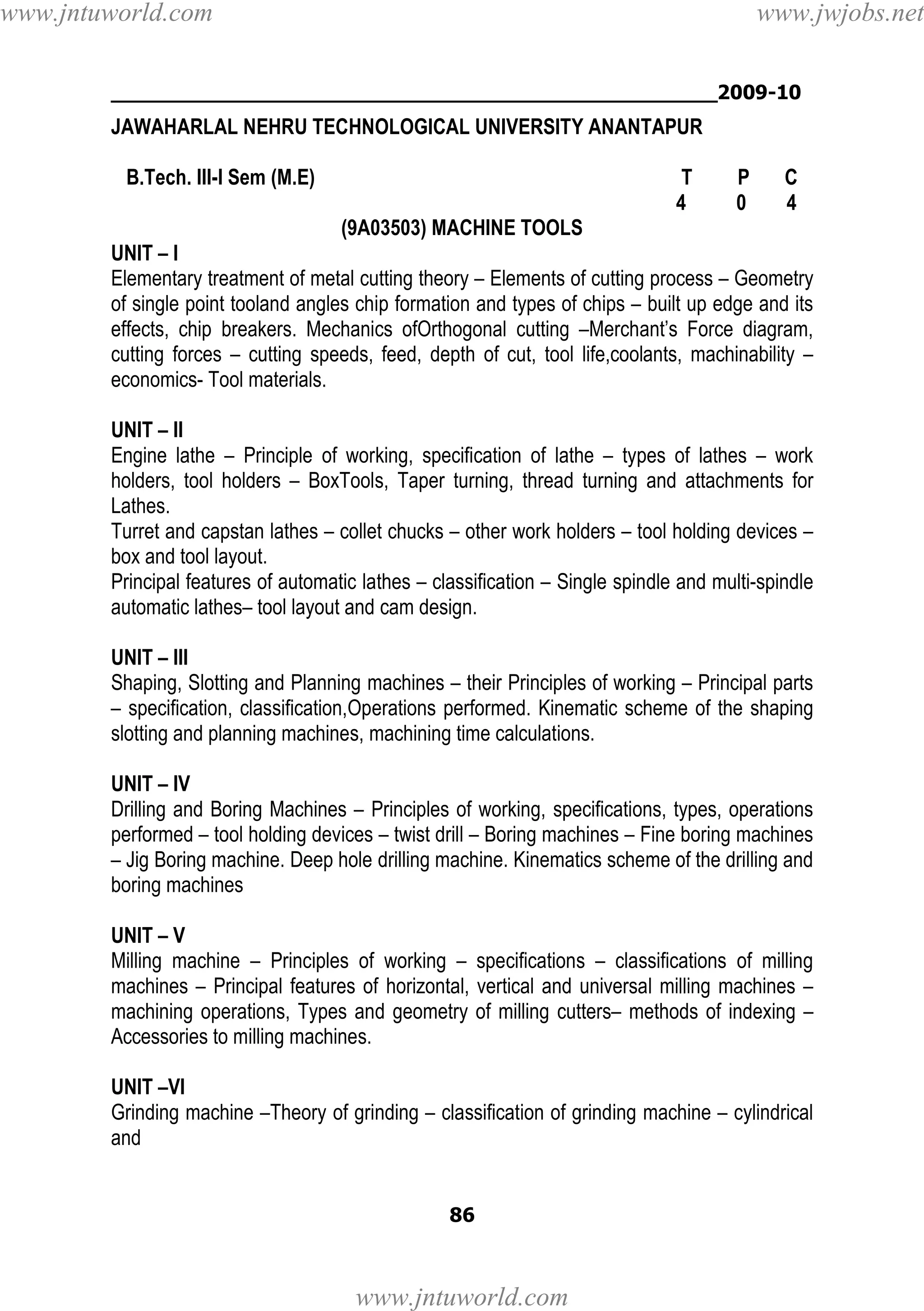 www.jntuworld.com

www.jwjobs.net

________________________________________________2009-10

JAWAHARLAL NEHRU TECHNOLOGICAL UNIVERSITY ANANTAPUR
B.Tech. III-I Sem (M.E)

T
4

P
0

C
4

(9A03503) MACHINE TOOLS
UNIT – I
Elementary treatment of metal cutting theory – Elements of cutting process – Geometry
of single point tooland angles chip formation and types of chips – built up edge and its
effects, chip breakers. Mechanics ofOrthogonal cutting –Merchant’s Force diagram,
cutting forces – cutting speeds, feed, depth of cut, tool life,coolants, machinability –
economics- Tool materials.
UNIT – II
Engine lathe – Principle of working, specification of lathe – types of lathes – work
holders, tool holders – BoxTools, Taper turning, thread turning and attachments for
Lathes.
Turret and capstan lathes – collet chucks – other work holders – tool holding devices –
box and tool layout.
Principal features of automatic lathes – classification – Single spindle and multi-spindle
automatic lathes– tool layout and cam design.
UNIT – III
Shaping, Slotting and Planning machines – their Principles of working – Principal parts
– specification, classification,Operations performed. Kinematic scheme of the shaping
slotting and planning machines, machining time calculations.
UNIT – IV
Drilling and Boring Machines – Principles of working, specifications, types, operations
performed – tool holding devices – twist drill – Boring machines – Fine boring machines
– Jig Boring machine. Deep hole drilling machine. Kinematics scheme of the drilling and
boring machines
UNIT – V
Milling machine – Principles of working – specifications – classifications of milling
machines – Principal features of horizontal, vertical and universal milling machines –
machining operations, Types and geometry of milling cutters– methods of indexing –
Accessories to milling machines.
UNIT –VI
Grinding machine –Theory of grinding – classification of grinding machine – cylindrical
and

86

www.jntuworld.com

 
