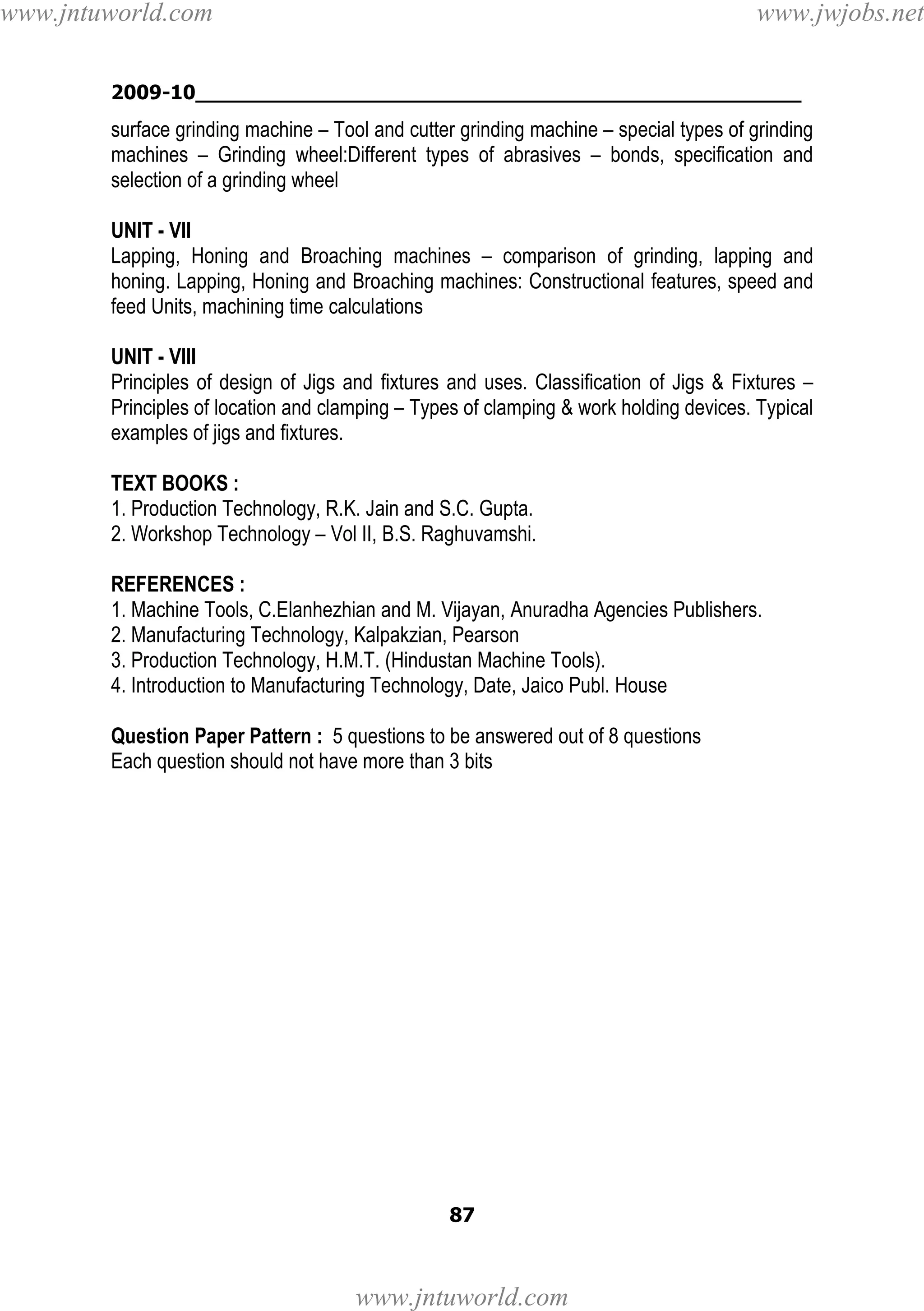 www.jntuworld.com

www.jwjobs.net

2009-10________________________________________________

surface grinding machine – Tool and cutter grinding machine – special types of grinding
machines – Grinding wheel:Different types of abrasives – bonds, specification and
selection of a grinding wheel
UNIT - VII
Lapping, Honing and Broaching machines – comparison of grinding, lapping and
honing. Lapping, Honing and Broaching machines: Constructional features, speed and
feed Units, machining time calculations
UNIT - VIII
Principles of design of Jigs and fixtures and uses. Classification of Jigs & Fixtures –
Principles of location and clamping – Types of clamping & work holding devices. Typical
examples of jigs and fixtures.
TEXT BOOKS :
1. Production Technology, R.K. Jain and S.C. Gupta.
2. Workshop Technology – Vol II, B.S. Raghuvamshi.
REFERENCES :
1. Machine Tools, C.Elanhezhian and M. Vijayan, Anuradha Agencies Publishers.
2. Manufacturing Technology, Kalpakzian, Pearson
3. Production Technology, H.M.T. (Hindustan Machine Tools).
4. Introduction to Manufacturing Technology, Date, Jaico Publ. House
Question Paper Pattern : 5 questions to be answered out of 8 questions
Each question should not have more than 3 bits

87

www.jntuworld.com

 