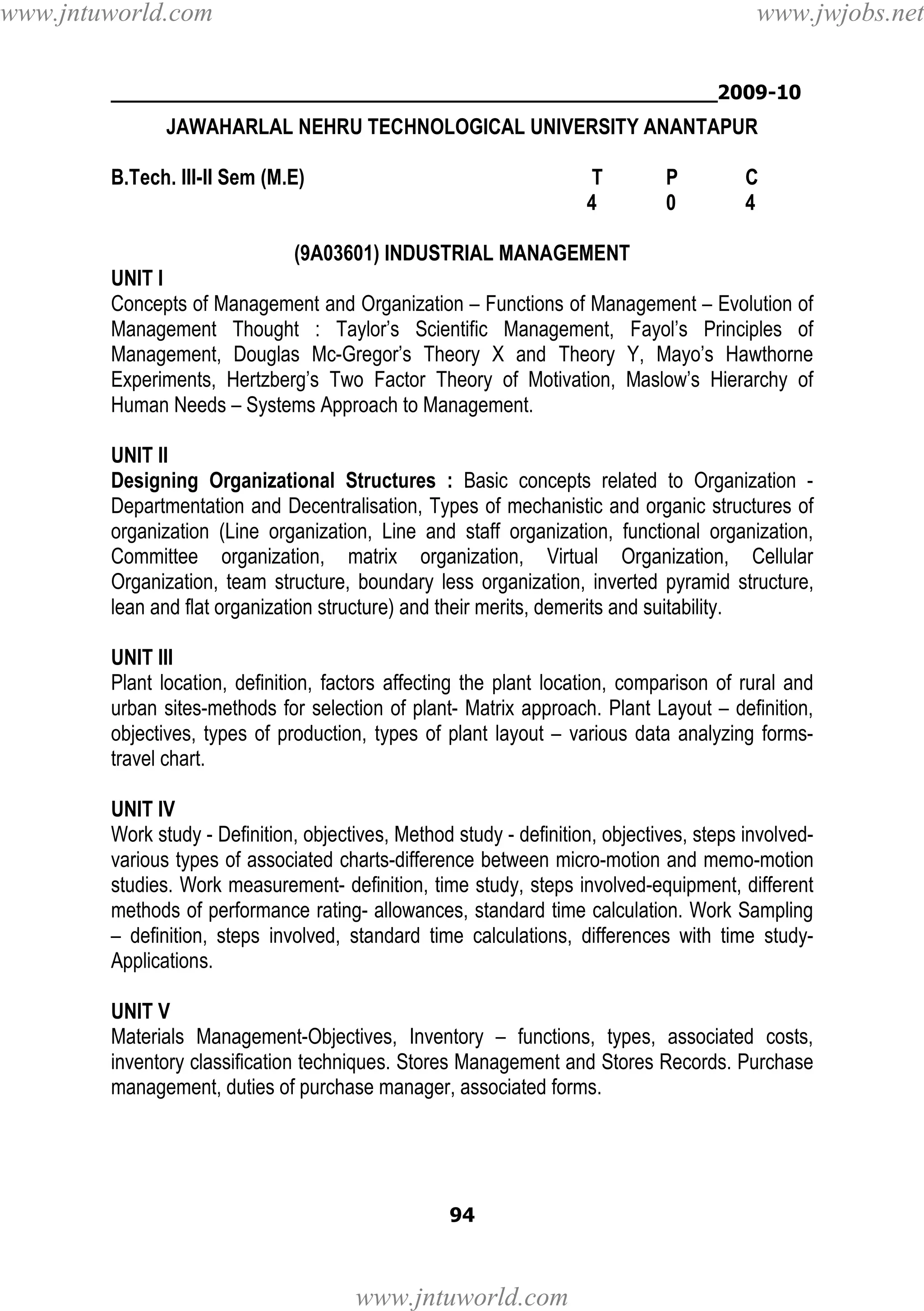 www.jntuworld.com

www.jwjobs.net

________________________________________________2009-10

JAWAHARLAL NEHRU TECHNOLOGICAL UNIVERSITY ANANTAPUR
B.Tech. III-II Sem (M.E)

T
4

P
0

C
4

(9A03601) INDUSTRIAL MANAGEMENT
UNIT I
Concepts of Management and Organization – Functions of Management – Evolution of
Management Thought : Taylor’s Scientific Management, Fayol’s Principles of
Management, Douglas Mc-Gregor’s Theory X and Theory Y, Mayo’s Hawthorne
Experiments, Hertzberg’s Two Factor Theory of Motivation, Maslow’s Hierarchy of
Human Needs – Systems Approach to Management.
UNIT II
Designing Organizational Structures : Basic concepts related to Organization Departmentation and Decentralisation, Types of mechanistic and organic structures of
organization (Line organization, Line and staff organization, functional organization,
Committee organization, matrix organization, Virtual Organization, Cellular
Organization, team structure, boundary less organization, inverted pyramid structure,
lean and flat organization structure) and their merits, demerits and suitability.
UNIT III
Plant location, definition, factors affecting the plant location, comparison of rural and
urban sites-methods for selection of plant- Matrix approach. Plant Layout – definition,
objectives, types of production, types of plant layout – various data analyzing formstravel chart.
UNIT IV
Work study - Definition, objectives, Method study - definition, objectives, steps involvedvarious types of associated charts-difference between micro-motion and memo-motion
studies. Work measurement- definition, time study, steps involved-equipment, different
methods of performance rating- allowances, standard time calculation. Work Sampling
– definition, steps involved, standard time calculations, differences with time studyApplications.
UNIT V
Materials Management-Objectives, Inventory – functions, types, associated costs,
inventory classification techniques. Stores Management and Stores Records. Purchase
management, duties of purchase manager, associated forms.

94

www.jntuworld.com

 