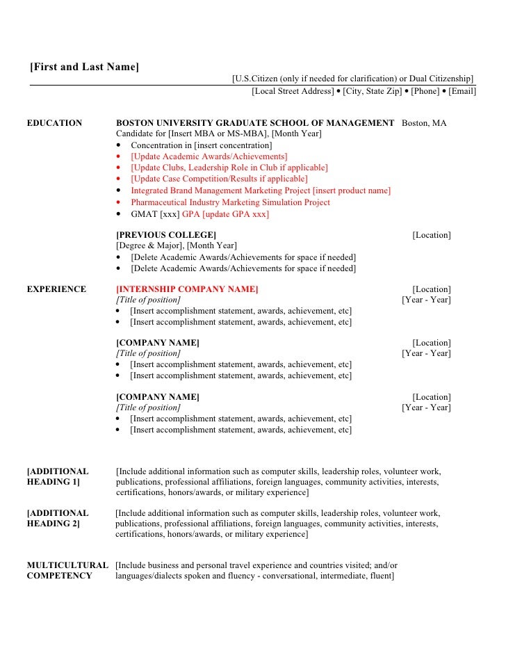 2nd year mba resume template