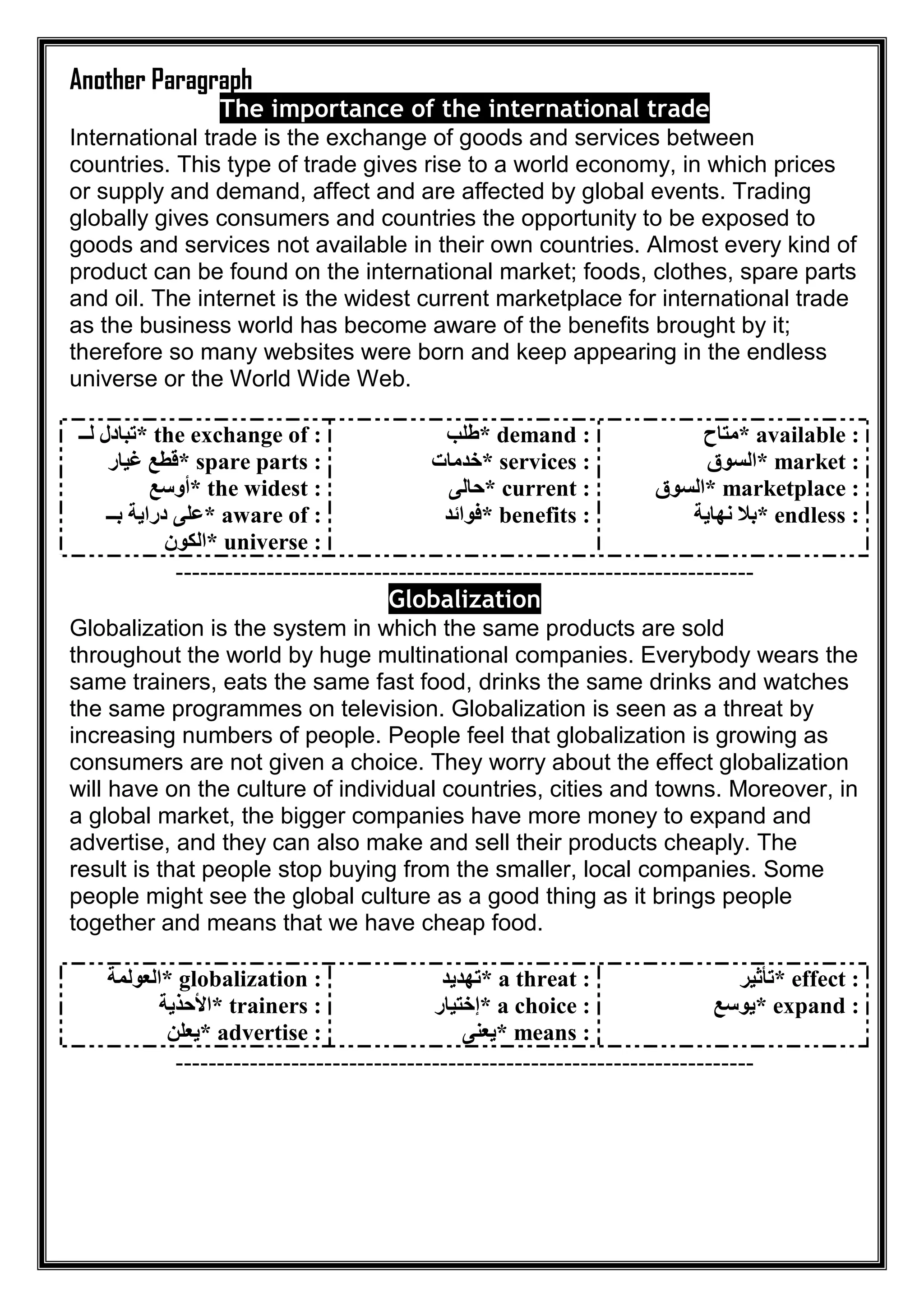 Another Paragraph
the international tradeThe importance of
International trade is the exchange of goods and services between
countries. This type of trade gives rise to a world economy, in which prices
or supply and demand, affect and are affected by global events. Trading
globally gives consumers and countries the opportunity to be exposed to
goods and services not available in their own countries. Almost every kind of
product can be found on the international market; foods, clothes, spare parts
and oil. The internet is the widest current marketplace for international trade
as the business world has become aware of the benefits brought by it;
therefore so many websites were born and keep appearing in the endless
universe or the World Wide Web.
* the exchange of :‫ﻟــ‬ ‫ﺗﺒﺎدل‬
* spare parts :‫ﻗﻄﻊ‬‫ﻏﯿﺎر‬
* the widest :‫أوﺳﻊ‬
* aware of :‫ﺑــ‬ ‫دراﯾﺔ‬ ‫ﻋﻠﻰ‬
* universe :‫اﻟﻜﻮن‬
* demand :‫طﻠﺐ‬
* services :‫ﺧﺪﻣﺎت‬
* current :‫ﺣﺎﻟﻰ‬
* benefits :‫ﻓﻮاﺋﺪ‬
* available :‫ﻣﺘﺎح‬
* market :‫اﻟﺴﻮق‬
* marketplace :‫اﻟﺴﻮق‬
* endless :‫ﻧﮭﺎﯾﺔ‬ ‫ﺑﻼ‬
----------------------------------------------------------------------
Globalization
Globalization is the system in which the same products are sold
throughout the world by huge multinational companies. Everybody wears the
same trainers, eats the same fast food, drinks the same drinks and watches
the same programmes on television. Globalization is seen as a threat by
increasing numbers of people. People feel that globalization is growing as
consumers are not given a choice. They worry about the effect globalization
will have on the culture of individual countries, cities and towns. Moreover, in
a global market, the bigger companies have more money to expand and
advertise, and they can also make and sell their products cheaply. The
result is that people stop buying from the smaller, local companies. Some
people might see the global culture as a good thing as it brings people
together and means that we have cheap food.
* globalization :‫اﻟﻌﻮﻟﻤﺔ‬
* trainers :‫اﻷﺣﺬﯾﺔ‬
* advertise :‫ﯾﻌﻠﻦ‬
* a threat :‫ﺗﮭﺪﯾﺪ‬
* a choice :‫إﺧﺘﯿﺎر‬
* means :‫ﯾﻌﻨﻰ‬
* effect :‫ﺗﺄﺛﯿﺮ‬
* expand :‫ﯾﻮﺳﻊ‬
----------------------------------------------------------------------
 