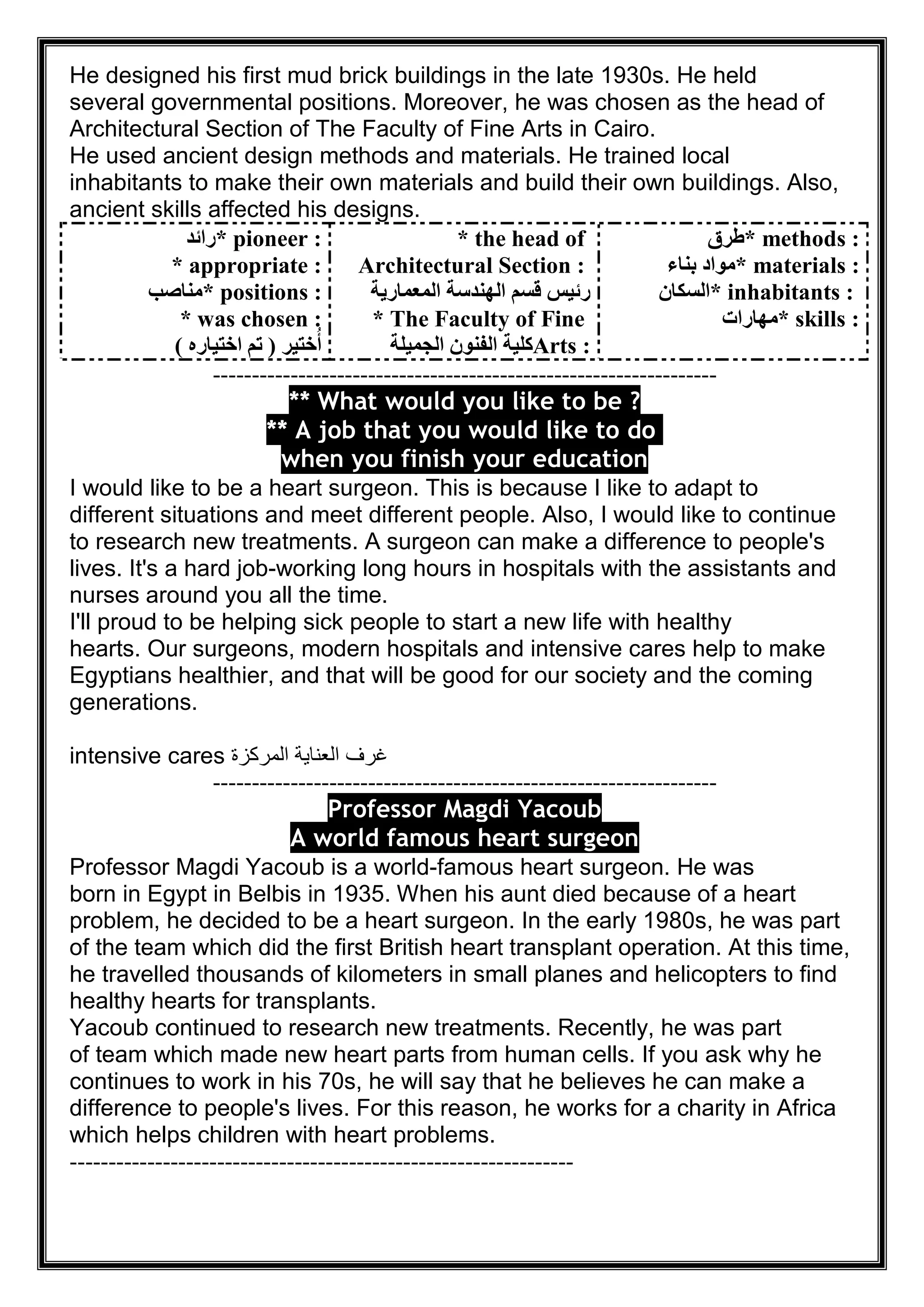 He designed his first mud brick buildings in the late 1930s. He held
several governmental positions. Moreover, he was chosen as the head of
Architectural Section of The Faculty of Fine Arts in Cairo.
He used ancient design methods and materials. He trained local
inhabitants to make their own materials and build their own buildings. Also,
ancient skills affected his designs.
* pioneer :‫راﺋﺪ‬
* appropriate :
* positions :‫ﻣﻨﺎﺻﺐ‬
* was chosen :
‫ﺧﺘﯿﺮ‬ُ‫أ‬)‫اﺧﺘﯿﺎره‬ ‫ﺗﻢ‬(
* the head of
Architectural Section :
‫اﻟﻤﻌﻤﺎرﯾﺔ‬ ‫اﻟﮭﻨﺪﺳﺔ‬ ‫ﻗﺴﻢ‬ ‫رﺋﯿﺲ‬
* The Faculty of Fine
Arts :‫اﻟﺠﻤﯿﻠﺔ‬ ‫اﻟﻔﻨﻮن‬ ‫ﻛﻠﯿﺔ‬
* methods :‫طﺮق‬
* materials :‫ﺑﻨﺎء‬ ‫ﻣﻮاد‬
* inhabitants :‫اﻟﺴﻜﺎن‬
* skills :‫ﻣﮭﺎرات‬
-----------------------------------------------------------------
What would you like to be ?**
A job that you would like to do**
when you finish your education
I would like to be a heart surgeon. This is because I like to adapt to
different situations and meet different people. Also, I would like to continue
to research new treatments. A surgeon can make a difference to people's
lives. It's a hard job-working long hours in hospitals with the assistants and
nurses around you all the time.
I'll proud to be helping sick people to start a new life with healthy
hearts. Our surgeons, modern hospitals and intensive cares help to make
Egyptians healthier, and that will be good for our society and the coming
generations.
‫اﻟﻣرﻛزة‬ ‫اﻟﻌﻧﺎﯾﺔ‬ ‫ﻏرف‬intensive cares
-----------------------------------------------------------------
Professor Magdi Yacoub
A world famous heart surgeon
Professor Magdi Yacoub is a world-famous heart surgeon. He was
born in Egypt in Belbis in 1935. When his aunt died because of a heart
problem, he decided to be a heart surgeon. In the early 1980s, he was part
of the team which did the first British heart transplant operation. At this time,
he travelled thousands of kilometers in small planes and helicopters to find
healthy hearts for transplants.
Yacoub continued to research new treatments. Recently, he was part
of team which made new heart parts from human cells. If you ask why he
continues to work in his 70s, he will say that he believes he can make a
difference to people's lives. For this reason, he works for a charity in Africa
which helps children with heart problems.
-----------------------------------------------------------------
 