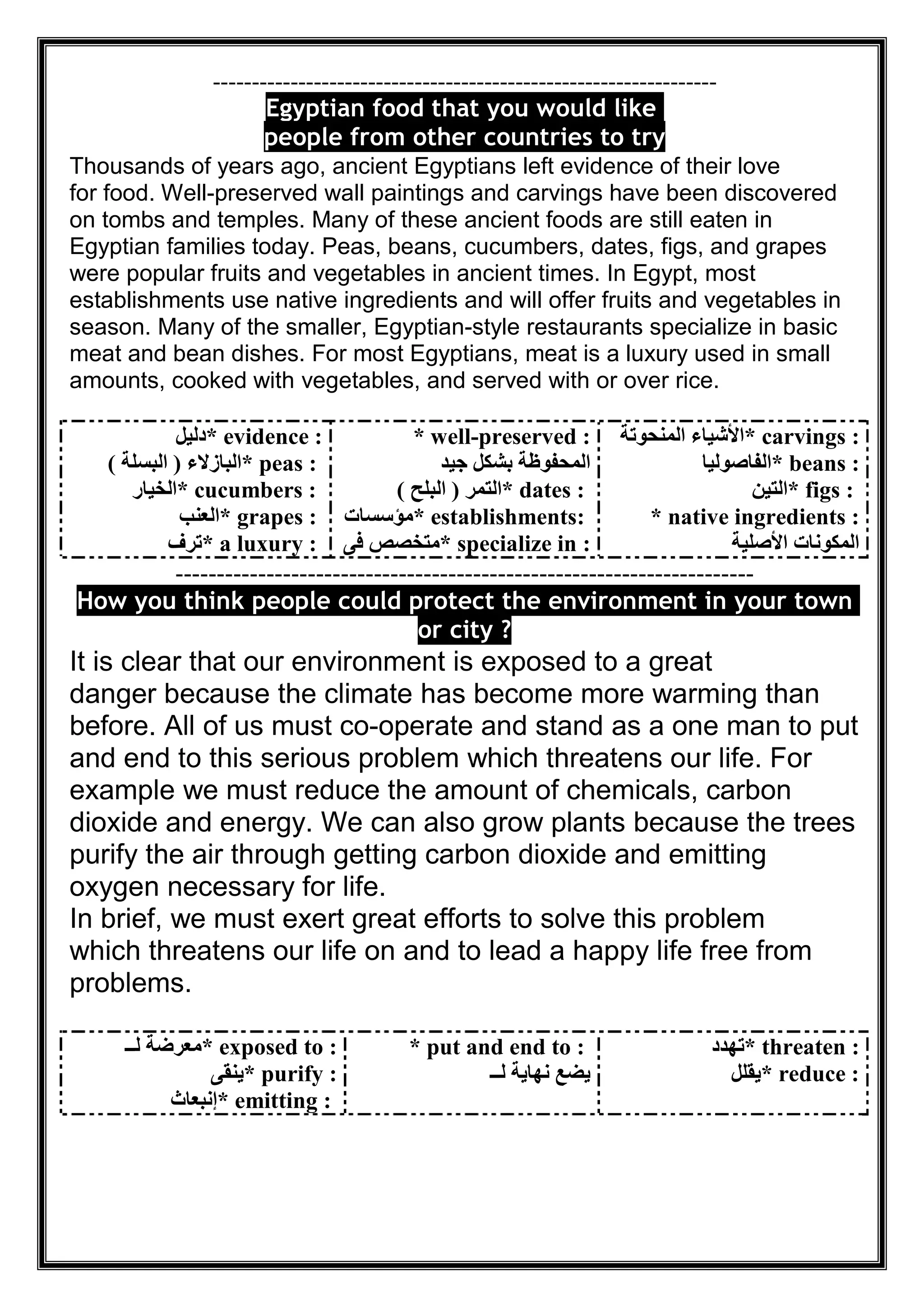 -----------------------------------------------------------------
ood that you would likeEgyptian f
people from other countries to try
Thousands of years ago, ancient Egyptians left evidence of their love
for food. Well-preserved wall paintings and carvings have been discovered
on tombs and temples. Many of these ancient foods are still eaten in
Egyptian families today. Peas, beans, cucumbers, dates, figs, and grapes
were popular fruits and vegetables in ancient times. In Egypt, most
establishments use native ingredients and will offer fruits and vegetables in
season. Many of the smaller, Egyptian-style restaurants specialize in basic
meat and bean dishes. For most Egyptians, meat is a luxury used in small
amounts, cooked with vegetables, and served with or over rice.
* evidence :‫دﻟﯿﻞ‬
* peas :‫اﻟﺒﺎزﻻء‬)‫اﻟﺒﺴﻠﺔ‬(
* cucumbers :‫ا‬‫ﻟﺨﯿﺎر‬
* grapes :‫اﻟﻌﻨﺐ‬
* a luxury :‫ﺗﺮف‬
* well-preserved :
‫ﺟﯿﺪ‬ ‫ﺑﺸﻜﻞ‬ ‫اﻟﻤﺤﻔﻮظﺔ‬
* dates :‫اﻟﺘﻤﺮ‬)‫اﻟﺒﻠﺢ‬(
* establishments:‫ﻣﺆﺳﺴﺎت‬
* specialize in :‫ﻓﻰ‬ ‫ﻣﺘﺨﺼﺺ‬
* carvings :‫اﻟﻤﻨﺤﻮﺗﺔ‬ ‫اﻷﺷﯿﺎء‬
* beans :‫اﻟﻔﺎﺻﻮﻟﯿﺎ‬
* figs :‫اﻟﺘﯿﻦ‬
* native ingredients :
‫اﻷﺻ‬ ‫اﻟﻤﻜﻮﻧﺎت‬‫ﻠﯿﺔ‬
----------------------------------------------------------------------
How you think people could protect the environment in your town
?or city
It is clear that our environment is exposed to a great
danger because the climate has become more warming than
before. All of us must co-operate and stand as a one man to put
and end to this serious problem which threatens our life. For
example we must reduce the amount of chemicals, carbon
dioxide and energy. We can also grow plants because the trees
purify the air through getting carbon dioxide and emitting
oxygen necessary for life.
In brief, we must exert great efforts to solve this problem
which threatens our life on and to lead a happy life free from
problems.
* exposed to :‫ﻟــ‬ ‫ﻣﻌﺮﺿﺔ‬
* purify :‫ﯾﻨﻘﻰ‬
* emitting :‫إﻧﺒﻌﺎث‬
* put and end to :
‫ﻟــ‬ ‫ﻧﮭﺎﯾﺔ‬ ‫ﯾﻀﻊ‬
* threaten :‫ﺗﮭﺪد‬
* reduce :‫ﯾﻘﻠﻞ‬
 