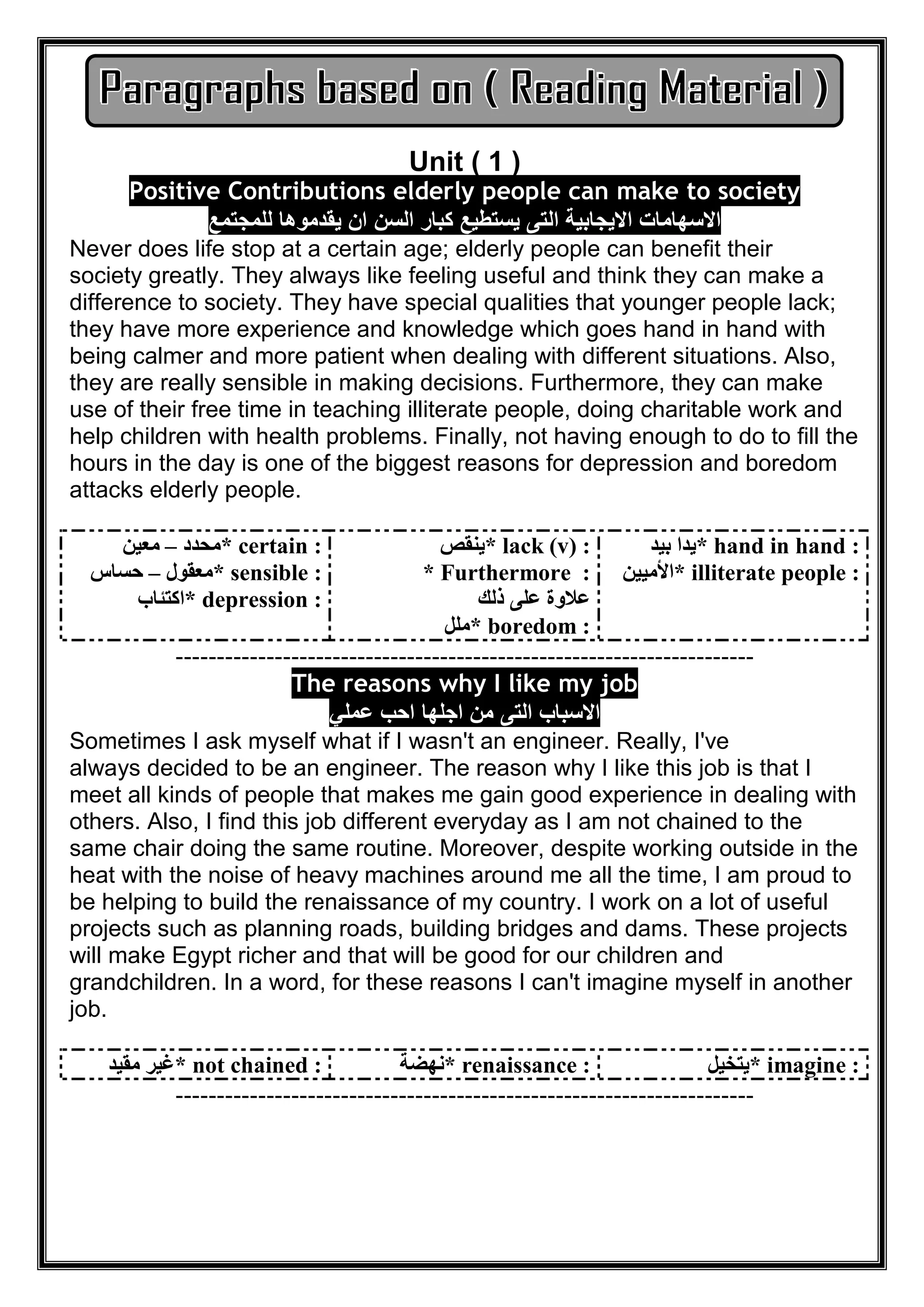 Unit ( 1 )
Positive Contributions elderly people can make to society
‫اﻟﺗﻰ‬ ‫اﻻﯾﺟﺎﺑﯾﺔ‬ ‫اﻻﺳﮭﺎﻣﺎت‬‫ﻟﻠﻣﺟﺗﻣﻊ‬ ‫ﯾﻘدﻣوھﺎ‬ ‫ان‬ ‫اﻟﺳن‬ ‫ﻛﺑﺎر‬ ‫ﯾﺳﺗطﯾﻊ‬
Never does life stop at a certain age; elderly people can benefit their
society greatly. They always like feeling useful and think they can make a
difference to society. They have special qualities that younger people lack;
they have more experience and knowledge which goes hand in hand with
being calmer and more patient when dealing with different situations. Also,
they are really sensible in making decisions. Furthermore, they can make
use of their free time in teaching illiterate people, doing charitable work and
help children with health problems. Finally, not having enough to do to fill the
hours in the day is one of the biggest reasons for depression and boredom
attacks elderly people.
* certain :‫ﻣﺤﺪد‬–‫ﻣﻌﯿﻦ‬
* sensible :‫ﻣﻌﻘﻮل‬–‫ﺣﺴﺎس‬
* depression :‫اﻛﺘﺌﺎب‬
* lack (v) :‫ﯾﻨﻘﺺ‬
* Furthermore :
‫ذﻟﻚ‬ ‫ﻋﻠﻰ‬ ‫ﻋﻼوة‬
* boredom :‫ﻣﻠﻞ‬
* hand in hand :‫ﺑﯿﺪ‬ ‫ﯾﺪا‬
* illiterate people :‫اﻷﻣﯿﯿﻦ‬
----------------------------------------------------------------------
s why I like my jobThe reason
‫ﻋﻣﻠﻲ‬ ‫اﺣب‬ ‫اﺟﻠﮭﺎ‬ ‫ﻣن‬ ‫اﻟﺗﻰ‬ ‫اﻻﺳﺑﺎب‬
Sometimes I ask myself what if I wasn't an engineer. Really, I've
always decided to be an engineer. The reason why I like this job is that I
meet all kinds of people that makes me gain good experience in dealing with
others. Also, I find this job different everyday as I am not chained to the
same chair doing the same routine. Moreover, despite working outside in the
heat with the noise of heavy machines around me all the time, I am proud to
be helping to build the renaissance of my country. I work on a lot of useful
projects such as planning roads, building bridges and dams. These projects
will make Egypt richer and that will be good for our children and
grandchildren. In a word, for these reasons I can't imagine myself in another
job.
* not chained :‫ﻣﻘﯿﺪ‬ ‫ﻏﯿﺮ‬ * renaissance :‫ﻧﮭﻀﺔ‬ * imagine :‫ﯾﺘﺨﯿﻞ‬
----------------------------------------------------------------------
 