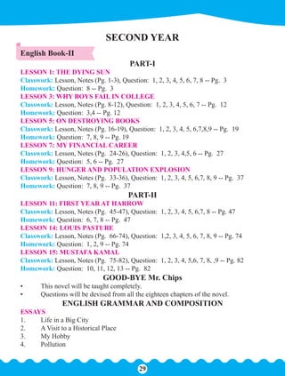 English Book-II
SECOND YEAR
PART-I
LESSON 1: THE DYING SUN
Classwork: Lesson, Notes (Pg. 1-3), Question: 1, 2, 3, 4, 5, 6, 7, 8 -- Pg. 3
Homework: Question: 8 -- Pg. 3
LESSON 3: WHY BOYS FAIL IN COLLEGE
Classwork: Lesson, Notes (Pg. 8-12), Question: 1, 2, 3, 4, 5, 6, 7 -- Pg. 12
Homework: Question: 3,4 -- Pg. 12
LESSON 5: ON DESTROYING BOOKS
Classwork: Lesson, Notes (Pg. 16-19), Question: 1, 2, 3, 4, 5, 6,7,8,9 -- Pg. 19
Homework: Question: 7, 8, 9 -- Pg. 19
LESSON 7: MY FINANCIAL CAREER
Classwork: Lesson, Notes (Pg. 24-26), Question: 1, 2, 3, 4,5, 6 -- Pg. 27
Homework: Question: 5, 6 -- Pg. 27
LESSON 9: HUNGER AND POPULATION EXPLOSION
Classwork: Lesson, Notes (Pg. 33-36), Question: 1, 2, 3, 4, 5, 6,7, 8, 9 -- Pg. 37
Homework: Question: 7, 8, 9 -- Pg. 37
PART-II
LESSON 11: FIRST YEAR AT HARROW
Classwork: Lesson, Notes (Pg. 45-47), Question: 1, 2, 3, 4, 5, 6,7, 8 -- Pg. 47
Homework: Question: 6, 7, 8 -- Pg. 47
LESSON 14: LOUIS PASTURE
Classwork: Lesson, Notes (Pg. 66-74), Question: 1,2, 3, 4, 5, 6, 7, 8, 9 -- Pg. 74
Homework: Question: 1, 2, 9 -- Pg. 74
LESSON 15: MUSTAFA KAMAL
Classwork: Lesson, Notes (Pg. 75-82), Question: 1, 2, 3, 4, 5,6, 7, 8, ,9 -- Pg. 82
Homework: Question: 10, 11, 12, 13 -- Pg. 82
GOOD-BYE Mr. Chips
• This novel will be taught completely.
• Questions will be devised from all the eighteen chapters of the novel.
ENGLISH GRAMMAR AND COMPOSITION
ESSAYS
1. Life in a Big City
2. A Visit to a Historical Place
3. My Hobby
4. Pollution
29
 