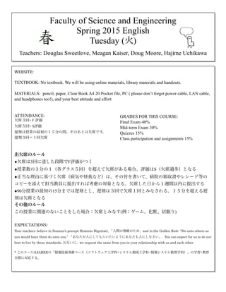 !
!
!
!
!
!
!
!
!
!
!
!
!
!
!
!
!
!
!
!
!
!
!
!
!
!
!
!
!
!
!
!
!
!
!
!
!
!
!
!
!
!
!
!
!
!
Faculty of Science and Engineering 
Spring 2015 English
Tuesday (火)
Teachers: Douglas Sweetlove, Meagan Kaiser, Doug Moore, Hajime Uchikawa
WEBSITE:	
  	
  
!
TEXTBOOK: No textbook. We will be using online materials, library materials and handouts.
!
MATERIALS: pencil, paper, Clear Book A4 20 Pocket file, PC ( please don’t forget power cable, LAN cable,
and headphones too!), and your best attitude and effort
!
!
ATTENDANCE:
欠席３回= F 評価
欠席５回= S評価
遅刻は授業の最初の１５分の間。そのあとは欠席です。
遅刻３回＝１回欠席
!
!
出欠席のルール
●欠席は3回に達した段階でF評価がつく
●授業数の３分の１（各グラス５回）を超えて欠席がある場合、評価はS（欠席過多）となる
●正当な理由に基づく欠席（病気や怪我など）は、その旨を書いて、病院の領収書やレシード等の
コピーを添えて担当教員に提出すれば考慮の対象となる。欠席した日から１週間以内に提出する
●90分授業の最初の15分までは遅刻とし、遅刻は３回で欠席１回とみなされる。１５分を超える遅
刻は欠席となる
その他のルール
この授業に関連のないことをした場合：欠席とみなす(例：ゲーム、化粧、居眠り)
!
EXPECTATIONS:
Your teachers believe in Nanzan’s precept Hominis Dignitati, 「人間の尊厳のため」and in the Golden Rule- “Do unto others as
you would have them do unto you.” 「あなたが人にしてもらいたいようにあなたも人にしなさい」. You can expect for us to do our
best to live by these standards. お互いに、we request the same from you in your relationship with us and each other.
!* このコースはJABEEの「情報技術専修コース（ソフトウェア工学科•システム創成工学科•情報システム数理学科）」の学習•教育
目標に対応する。
GRADES FOR THIS COURSE:
Final Exam 40%
Mid-term Exam 30%
Quizzes 15%
Class participation and assignments 15%
 