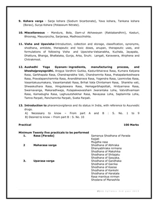17 | U G S y l l a b u s 2 n d y e a r 2 0 1 3
9. Kshara varga - Sarja kshara (Sodium bicarbonate), Yava kshara, Tankana kshara
(Borax), Surya Kshara (Potassium Nitrate).
10. Miscellaneous - Mandura, Bola, Dam-ul Akhawayan (Raktabandhini), Kasturi,
Bhoonag, Mayurpiccha, Sarjarasa, Madhoocchishta.
11. Visha and Upavisha-Introduction, collection and storage, classification, synonyms,
shodhana, antidote, therapeutic and toxic doses, anupan, therapeutic uses, and
formulations of following Visha and Upavisha-Vatsanabha, Kuchala, Jayapala,
Dhattura, Bhanga, Bhallataka, Gunja, Arka, Snuhi. Langali, Karaveera, Ahiphena and
Chitrakmool.
12. Aushadhi Yoga Gyanam- ingredients, manufacturing process, and
bheshajprayogvidhi. Arogya Vardhini Gutika, Kasturibhairava Rasa, Kumara Kalyana
Rasa, Garbhapala Rasa, Chandraprabha Vati, Chandramrita Rasa, Pratapalankeshwara
Rasa, Pravalapanchamrita Rasa, Anandbhairava Rasa, Yogendra Rasa, Laxmivilas Rasa,
Vasantakusumakara, Vasantamalati Rasa, Brihat Vata Chintamani Rasa, Shankha vati,
Shwaskuthara Rasa, Hinguleswara Rasa, Hemagarbhapottali, Hridyarnava Rasa,
Swarnavanga, Makaradhwaja, Putapakwavaisham Jwarantaka Loha, Vatvidhvamsan
Rasa, Kamadugha Rasa, Laghusutshekhar Rasa, Navayasa Loha, Saptamrita Loha,
Tamra Parpati, Panchamrita Parpati, Sveta Parpati.
13. Introduction to pharamcovigilance and its status in India, with reference to Ayurvedic
drugs.
A) Necessary to know – From part A and B : S. No. 1 to 9
B) Desired to know – From part B : S. No. 10
Practical 100 Marks
Minimum Twenty five practicals to be performed
1. Rasa [Parada] Samanya Shodhana of Parada
Kajjali
Mugdha rasa
2 Maharasa varga Shodhana of Abhraka
Dhanyabhraka nirmana
Shodhana of Makshika
Shodhana of Shilajatu
Shodhana of Sasyaka.
3. Uparasa varga Shodhana of Gandhaka
Shodhana of Gairika
Shodhana of Kasisa
Shodhana of Kankshi
Shodhana of Haratala
Rasa manikya nirman
Shodana of Manashila
 