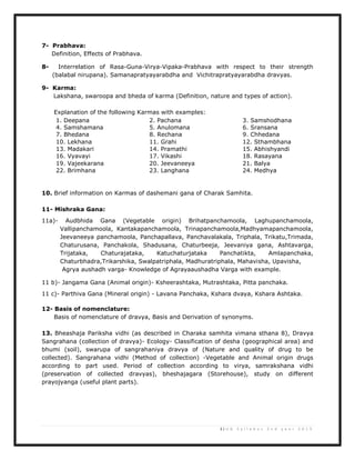 3 | U G S y l l a b u s 2 n d y e a r 2 0 1 3
7- Prabhava:
Definition, Effects of Prabhava.
8- Interrelation of Rasa-Guna-Virya-Vipaka-Prabhava with respect to their strength
(balabal nirupana). Samanapratyayarabdha and Vichitrapratyayarabdha dravyas.
9- Karma:
Lakshana, swaroopa and bheda of karma (Definition, nature and types of action).
Explanation of the following Karmas with examples:
1. Deepana 2. Pachana 3. Samshodhana
4. Samshamana 5. Anulomana 6. Sransana
7. Bhedana 8. Rechana 9. Chhedana
10. Lekhana 11. Grahi 12. Sthambhana
13. Madakari 14. Pramathi 15. Abhishyandi
16. Vyavayi 17. Vikashi 18. Rasayana
19. Vajeekarana 20. Jeevaneeya 21. Balya
22. Brimhana 23. Langhana 24. Medhya
10. Brief information on Karmas of dashemani gana of Charak Samhita.
11- Mishraka Gana:
11a)- Audbhida Gana (Vegetable origin) Brihatpanchamoola, Laghupanchamoola,
Vallipanchamoola, Kantakapanchamoola, Trinapanchamoola,Madhyamapanchamoola,
Jeevaneeya panchamoola, Panchapallava, Panchavalakala, Triphala, Trikatu,Trimada,
Chaturusana, Panchakola, Shadusana, Chaturbeeja, Jeevaniya gana, Ashtavarga,
Trijataka, Chaturajataka, Katuchaturjataka Panchatikta, Amlapanchaka,
Chaturbhadra,Trikarshika, Swalpatriphala, Madhuratriphala, Mahavisha, Upavisha,
Agrya aushadh varga- Knowledge of Agrayaaushadha Varga with example.
11 b)- Jangama Gana (Animal origin)- Ksheerashtaka, Mutrashtaka, Pitta panchaka.
11 c)- Parthiva Gana (Mineral origin) - Lavana Panchaka, Kshara dvaya, Kshara Ashtaka.
12- Basis of nomenclature:
Basis of nomenclature of dravya, Basis and Derivation of synonyms.
13. Bheashaja Pariksha vidhi (as described in Charaka samhita vimana sthana 8), Dravya
Sangrahana (collection of dravya)- Ecology- Classification of desha (geographical area) and
bhumi (soil), swarupa of sangrahaniya dravya of (Nature and quality of drug to be
collected). Sangrahana vidhi (Method of collection) -Vegetable and Animal origin drugs
according to part used. Period of collection according to virya, samrakshana vidhi
(preservation of collected dravyas), bheshajagara (Storehouse), study on different
prayojyanga (useful plant parts).
 