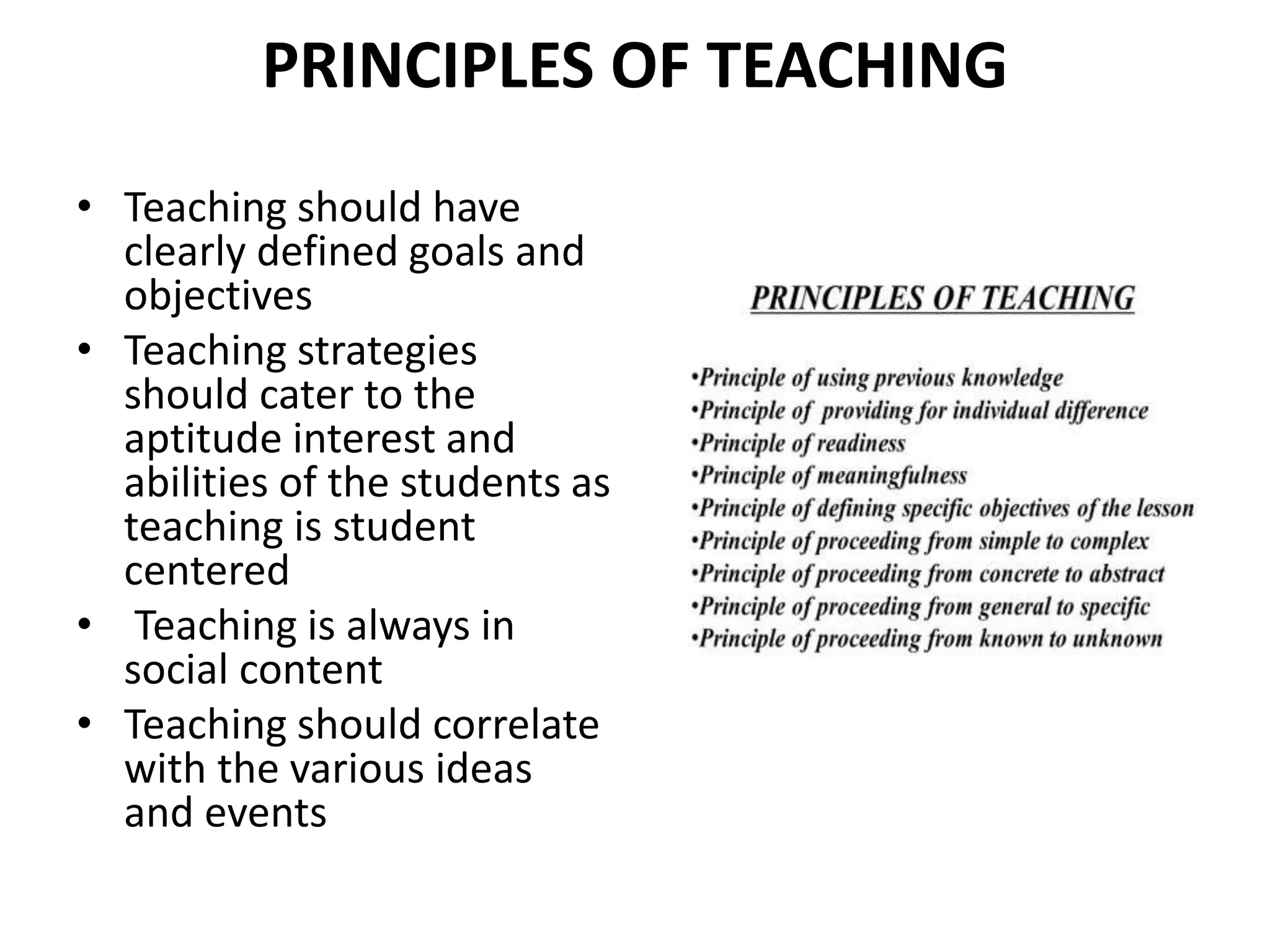 PRINCIPLES OF TEACHING
• Teaching should have
clearly defined goals and
objectives
• Teaching strategies
should cater to the
aptitude interest and
abilities of the students as
teaching is student
centered
• Teaching is always in
social content
• Teaching should correlate
with the various ideas
and events
 
