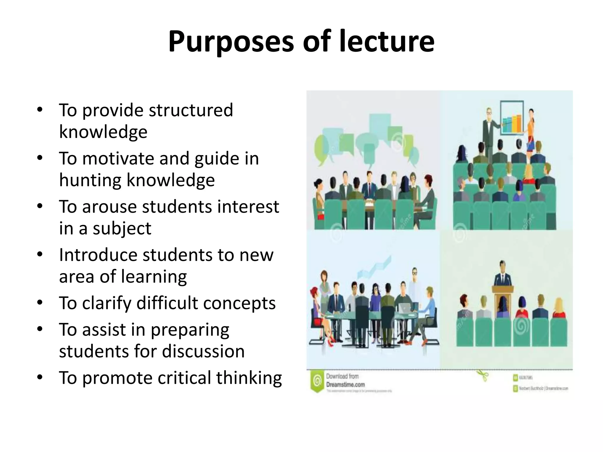 Purposes of lecture
• To provide structured
knowledge
• To motivate and guide in
hunting knowledge
• To arouse students interest
in a subject
• Introduce students to new
area of learning
• To clarify difficult concepts
• To assist in preparing
students for discussion
• To promote critical thinking
 