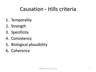 Causation - Hills criteria 
1. Temporality 
2. Strength 
3. Specificity 
4. Consistency 
5. Biological plausibility 
6. Coherence 
II MBBS, Epidemiology series 5 
 