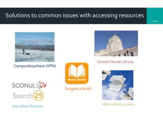 Library
Solutions to common issues with accessing resources
CampusAnywhere (VPN)
Senate House Library
Suggest a book!
Use other libraries Inter-Library Loans
 