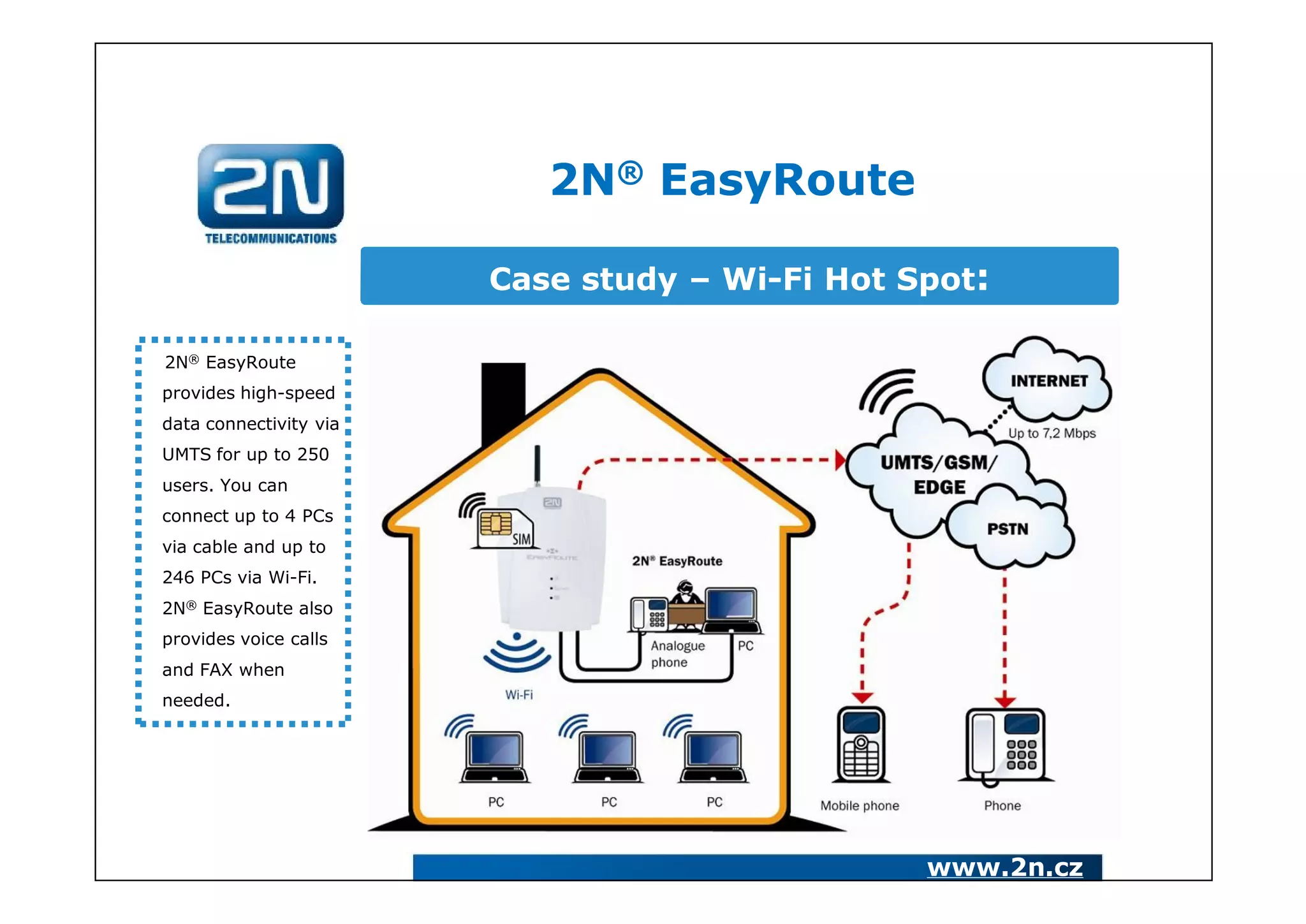 2N® EasyRoute

                        Case study – Wi-Fi Hot Spot:

2N® EasyRoute
provides high-speed
data connectivity via
UMTS for up to 250
users. You can
connect up to 4 PCs
via cable and up to
246 PCs via Wi-Fi.
2N® EasyRoute also
provides voice calls
and FAX when
needed.




                                                www.2n.cz
 