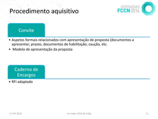 Procedimento aquisitivo
Convite
• Aspetos formais relacionados com apresentação de proposta (documentos a
apresentar; prazos; documentos de habilitação; caução, etc.
• Modelo de apresentação da proposta
Caderno de
Encargos
• RFI adaptado
11-04-2016 Jornadas 2016 @ UAlg 11
 
