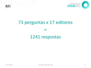 RFI
73 perguntas x 17 editores
=
1241 respostas
11-04-2016 Jornadas 2016 @ UAlg 6
 