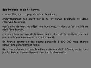 Epidémiologie: R de P = homme,
cosmopolite, surtout pays chauds et humides
embryonnement des oeufs sur le sol et survie prolongée ==> donc
réservoir tellurique,
oeufs éliminés avec les déjections humaines, ==> donc affection liée au
péril fécal humain,
contamination par eau de boisson, mains et crudités souillées par des
oeufs embryonnés (maladie des mains sales)
En France estimation des sujets parasités à 600 000 mais charge
parasitaire généralement faible
Résistance des oeufs dans le milieu extérieur de 2 à 5 ans, oeufs tués
par la chaleur, l'ensoleillement direct et la dessication
 