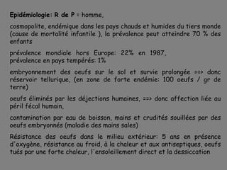 Epidémiologie: R de P = homme,
cosmopolite, endémique dans les pays chauds et humides du tiers monde
(cause de mortalité infantile ), la prévalence peut atteindre 70 % des
enfants
prévalence mondiale hors Europe: 22% en 1987,
prévalence en pays tempérés: 1%
embryonnement des oeufs sur le sol et survie prolongée ==> donc
réservoir tellurique, (en zone de forte endémie: 100 oeufs / gr de
terre)
oeufs éliminés par les déjections humaines, ==> donc affection liée au
péril fécal humain,
contamination par eau de boisson, mains et crudités souillées par des
oeufs embryonnés (maladie des mains sales)
Résistance des oeufs dans le milieu extérieur: 5 ans en présence
d'oxygène, résistance au froid, à la chaleur et aux antiseptiques, oeufs
tués par une forte chaleur, l'ensoleillement direct et la dessiccation
 