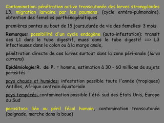 Contamination: pénétration active transcutanée des larves strongyloïdes
L3, migration larvaire par les poumons, (cycle entéro-pulmonaire),
obtention des femelles parthénogénétiques
premières pontes au bout de 15 jours,durée de vie des femelles: 3 mois
Remarque: possibilité d'un cycle endogène (auto-infestation); transit
des L1 dans le tube digestif, mues dans le tube digestif ==> L3
infectieuses dans le colon ou à la marge anale,
pénétration directe de ces larves surtout dans la zone péri-anale ( larva
currens)
Epidémiologie:R. de P. = homme, estimation à 30 - 60 millions de sujets
parasités
pays chauds et humides: infestation possible toute l'année (tropiques)
Antilles, Afrique centrale équatoriale
pays tempérés: contamination possible l'été: sud des Etats Unis, Europe
du Sud
parasitose liée au péril fécal humain, contamination transcutanée
(baignade, marche dans la boue)
 