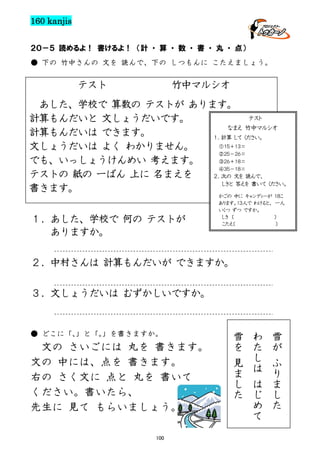 160 kanjis
２０－５ 読めるよ！ 書けるよ！ （計 ・ 算 ・ 数 ・ 書 ・ 丸 ・ 点）
● 下の 竹中さんの 文を 読んで、下の しつもんに こたえましょう。

テスト

竹中マルシオ

あした、学校で 算数の テストが あります。
テスト
計算もんだいと 文しょうだいです。
なまえ 竹中マルシオ
計算もんだいは できます。
１．計算 して ください。
①１５＋１３＝
文しょうだいは よく わかりません。
②２５－２６＝
③２６＋１８＝
でも、いっしょうけんめい 考えます。
④３５－１８＝
テストの 紙の 一ばん 上に 名まえを
２．次の 文を 読んで、
しきと 答えを 書いて ください。
書きます。
１．あした、学校で 何の テストが
ありますか。

かごの 中に キャンディーが １８こ
あります。1３人で わけると、 一人
いくつ ずつ ですか。
しき 〔
〕
こたえ〔
〕

２．中村さんは 計算もんだいが できますか。
３．文しょうだいは むずかしいですか。

● どこに「、
」と「。
」を書きますか。

文の さいごには 丸を 書きます。
文の 中には、点を 書きます。
右の さく文に 点と 丸を 書いて
ください。書いたら、
先生に 見て もらいましょう。
100

雪
を
見
ま
し
た

わ
た
し
は
は
じ
め
て

雪
が
ふ
り
ま
し
た

 
